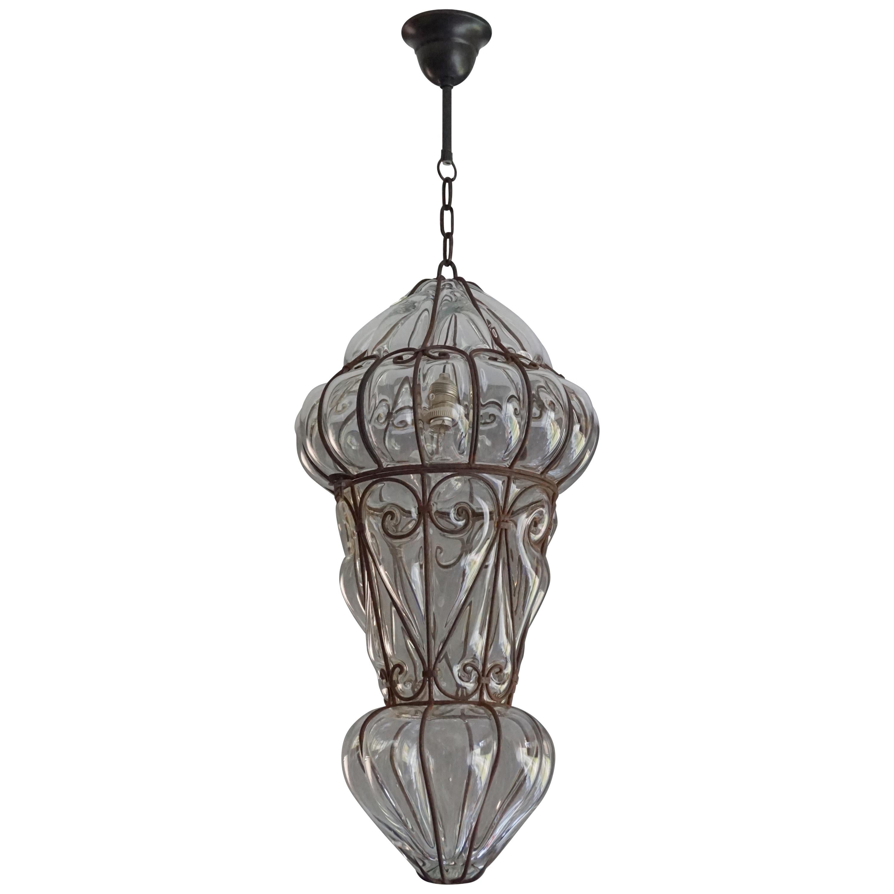 Large Pair of Victorian Style Mouthblown Glass Venetian Pendant Light Fixtures