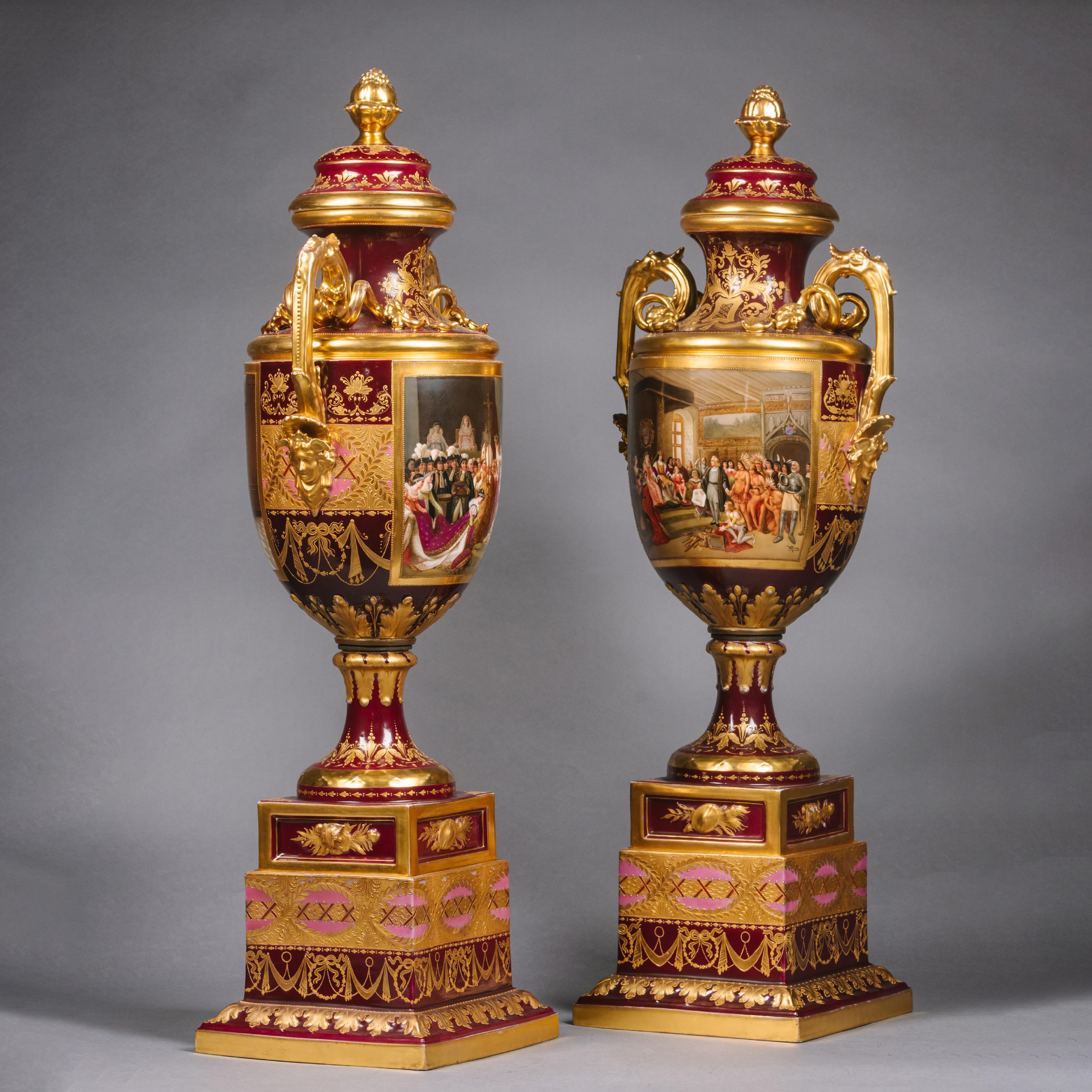 Austrian Large Pair of Vienna Style Porcelain Vases