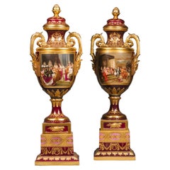 Antique Large Pair of Vienna Style Porcelain Vases