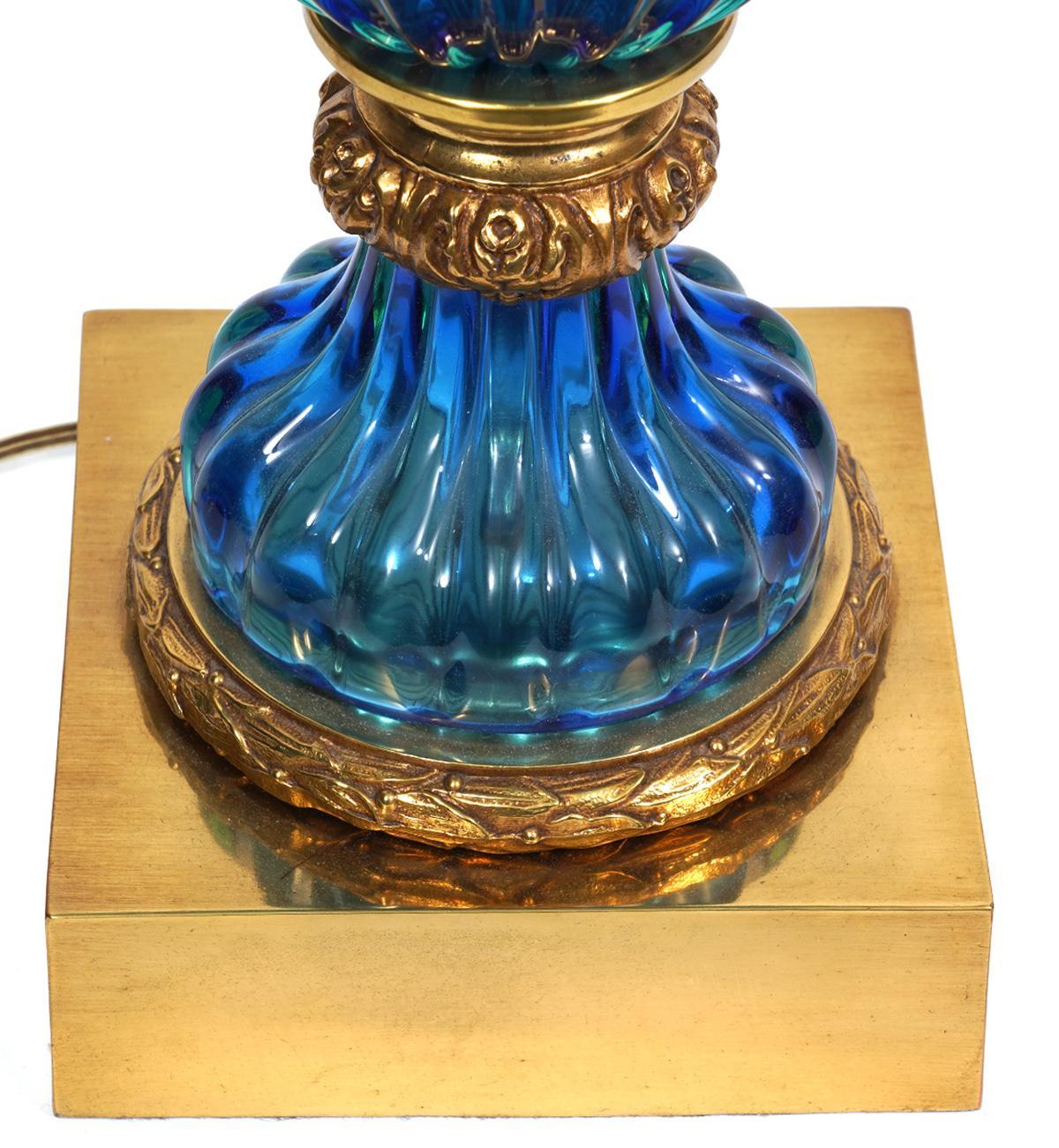 American Large Pair of Vintage Blue Murano Glass Lamps, Marbro