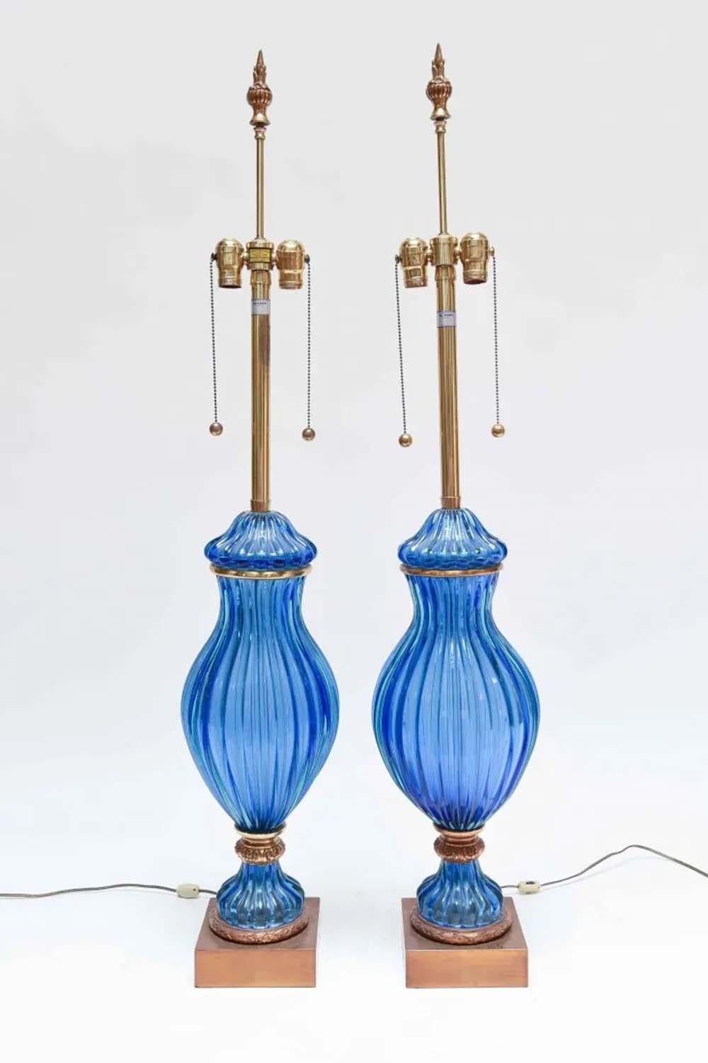 Large Pair of Vintage Blue Murano Glass Lamps, Marbro In Good Condition In Philadelphia, PA
