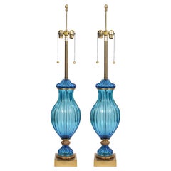 Large Pair of Vintage Blue Murano Glass Lamps, Marbro
