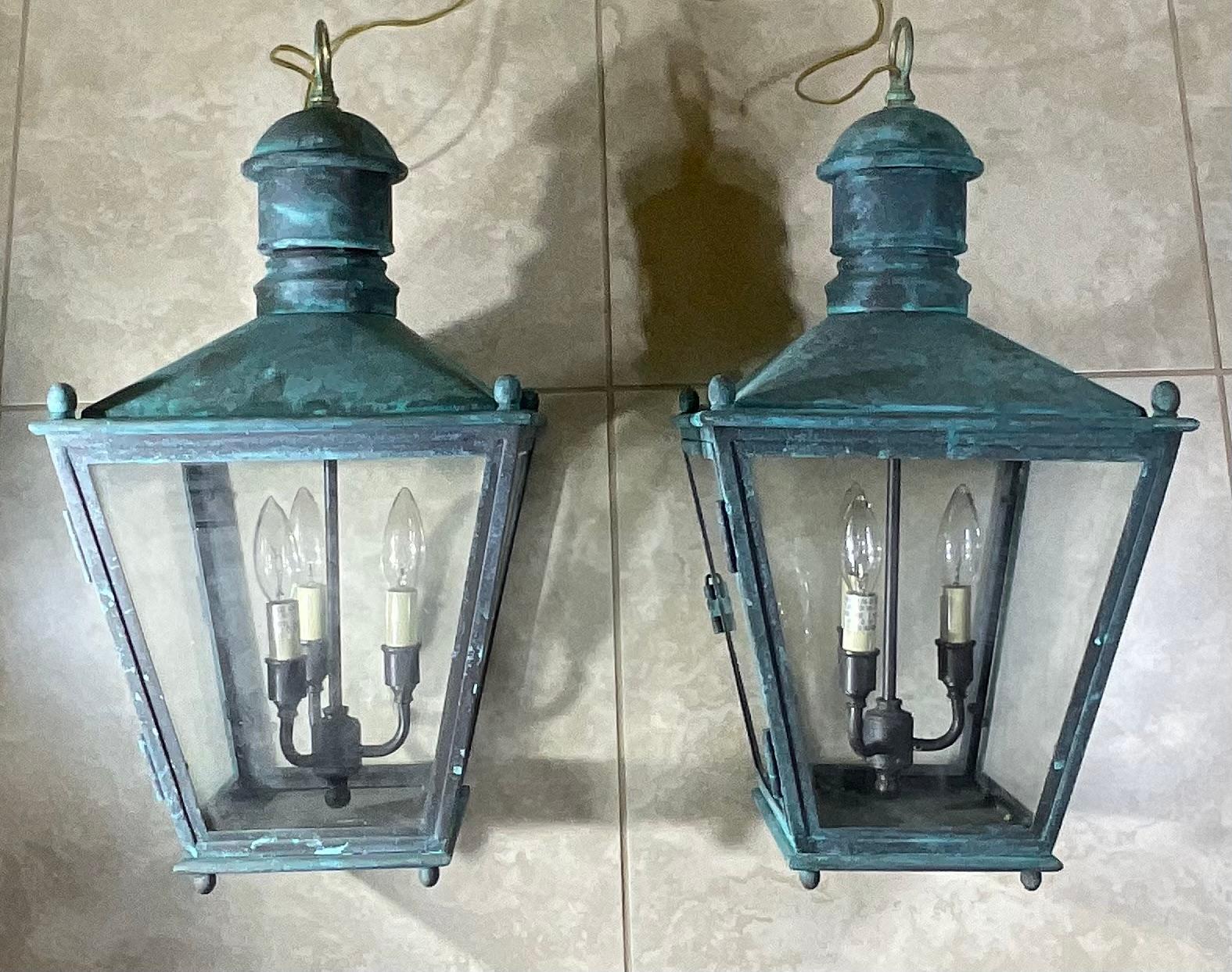 Large Pair Of Vintage Brass  Hanging Lanterns - 12”x 12”x 24” For Sale 3