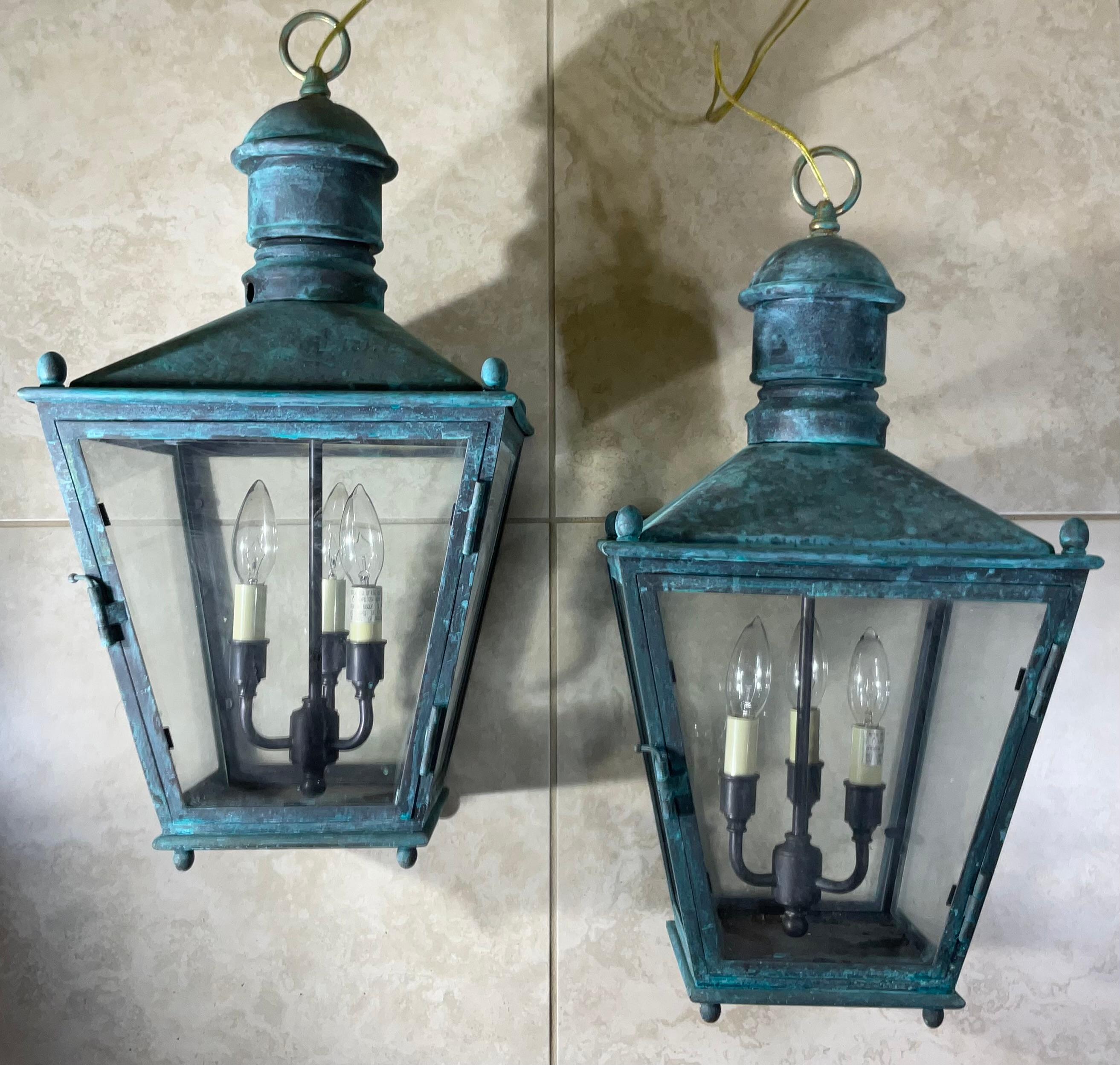 Large Pair Of Vintage Brass  Hanging Lanterns - 12”x 12”x 24” For Sale 4