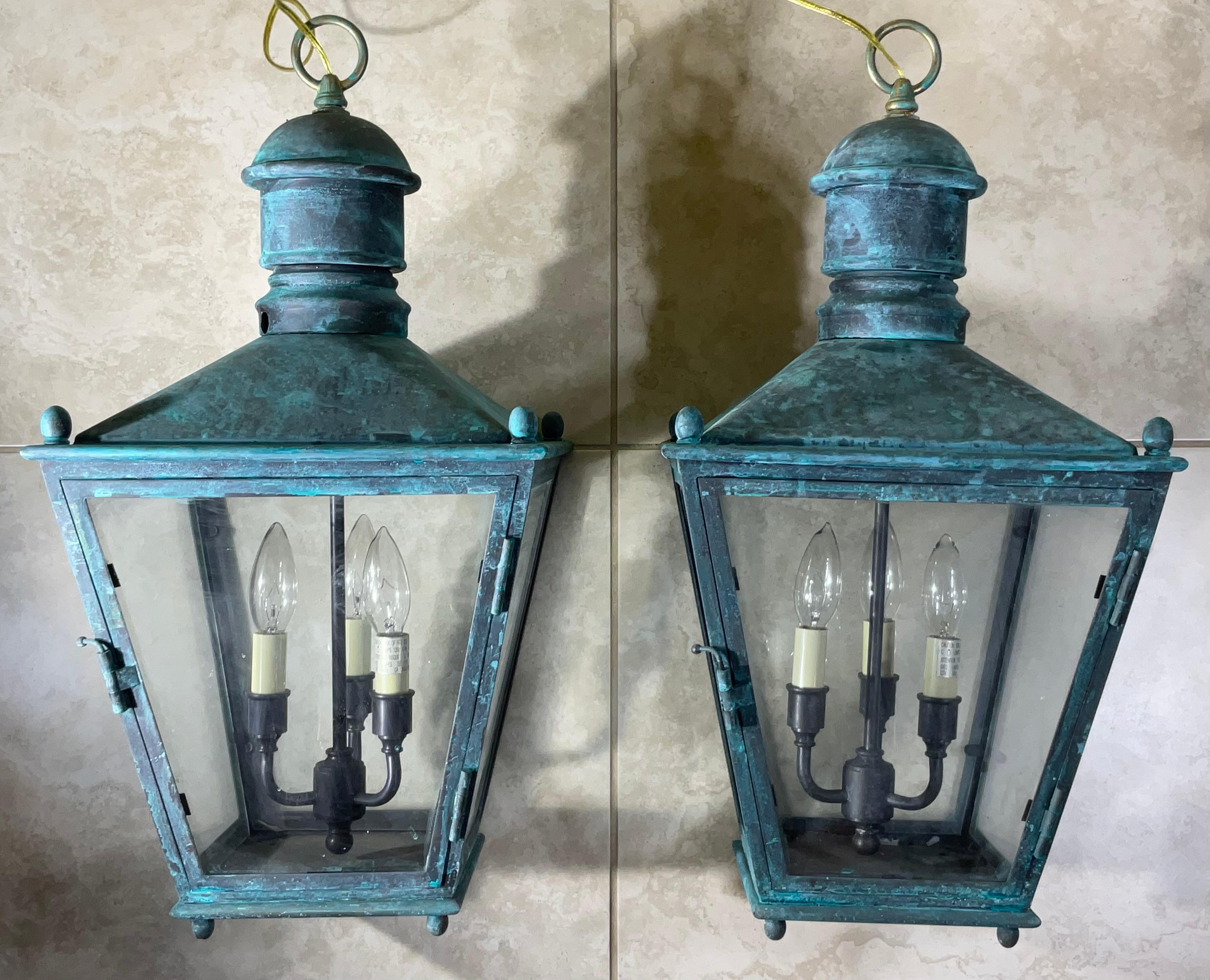 Large Pair Of Vintage Brass  Hanging Lanterns - 12”x 12”x 24” For Sale 6