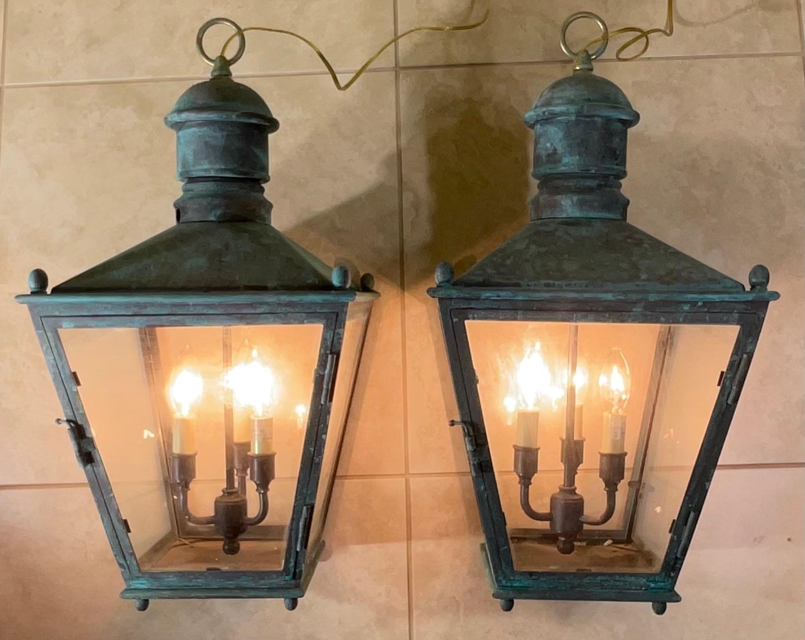 American Large Pair Of Vintage Brass  Hanging Lanterns - 12”x 12”x 24” For Sale