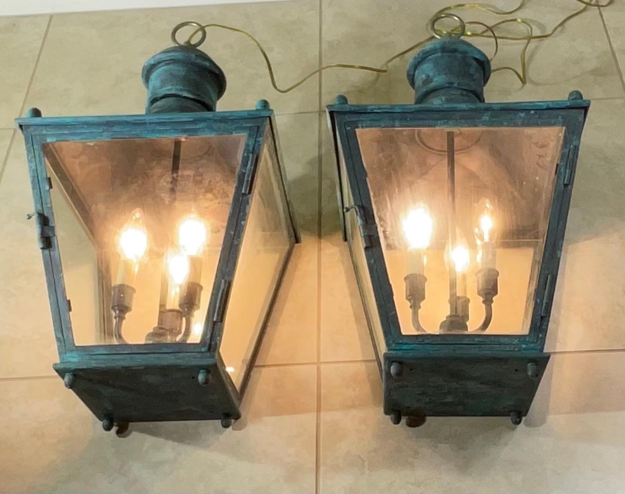 Hand-Crafted Large Pair Of Vintage Brass  Hanging Lanterns - 12”x 12”x 24” For Sale