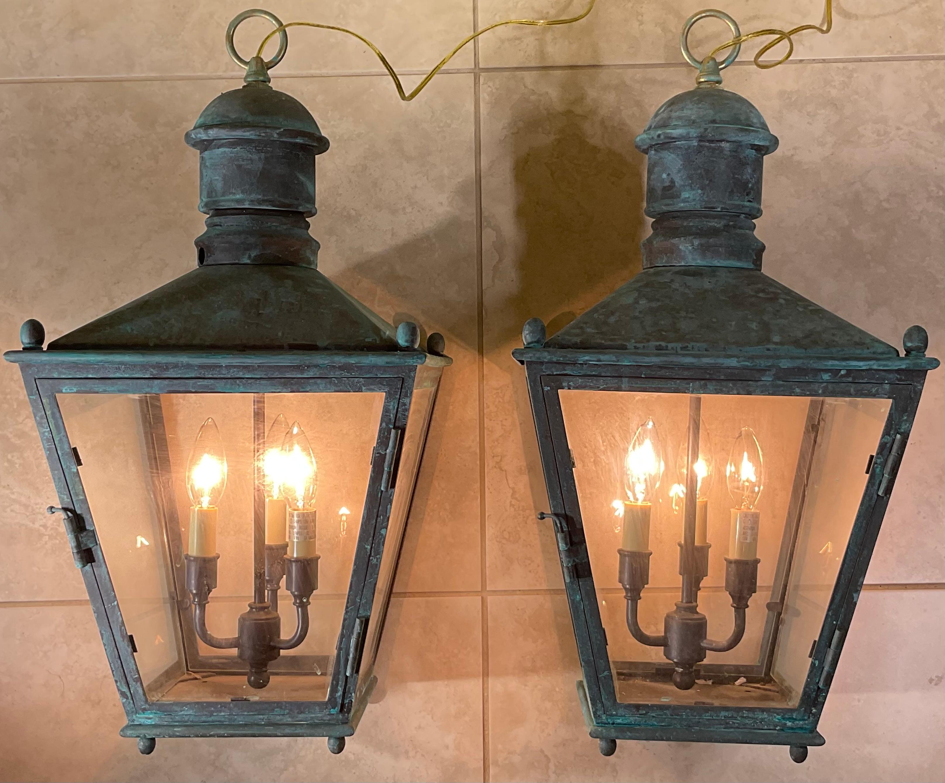 Large Pair Of Vintage Brass  Hanging Lanterns - 12”x 12”x 24” In Good Condition For Sale In Delray Beach, FL