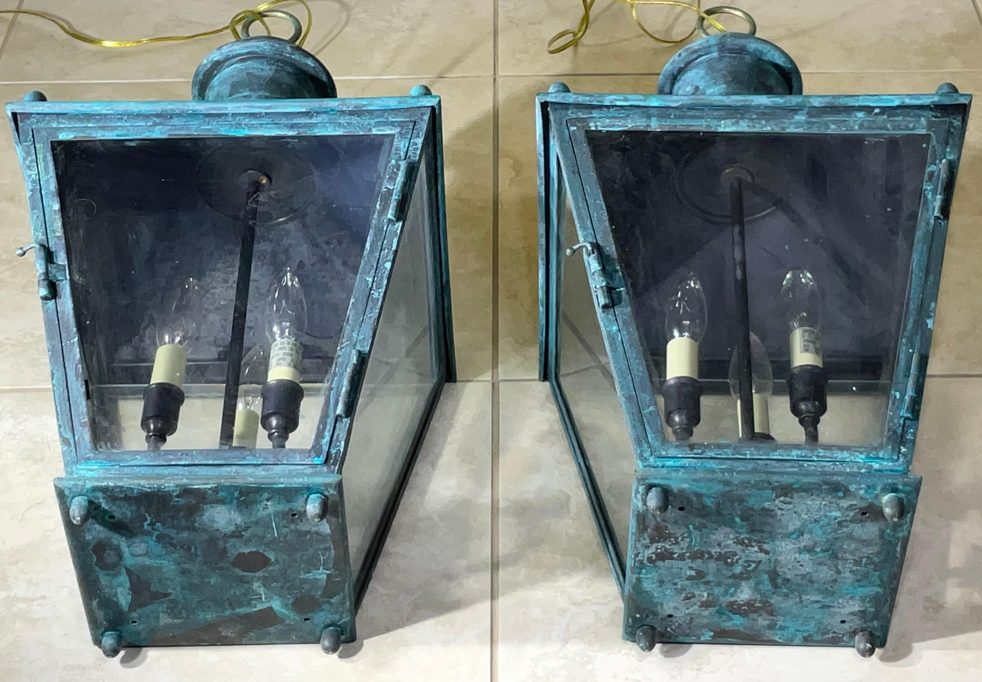 20th Century Large Pair Of Vintage Brass  Hanging Lanterns - 12”x 12”x 24” For Sale