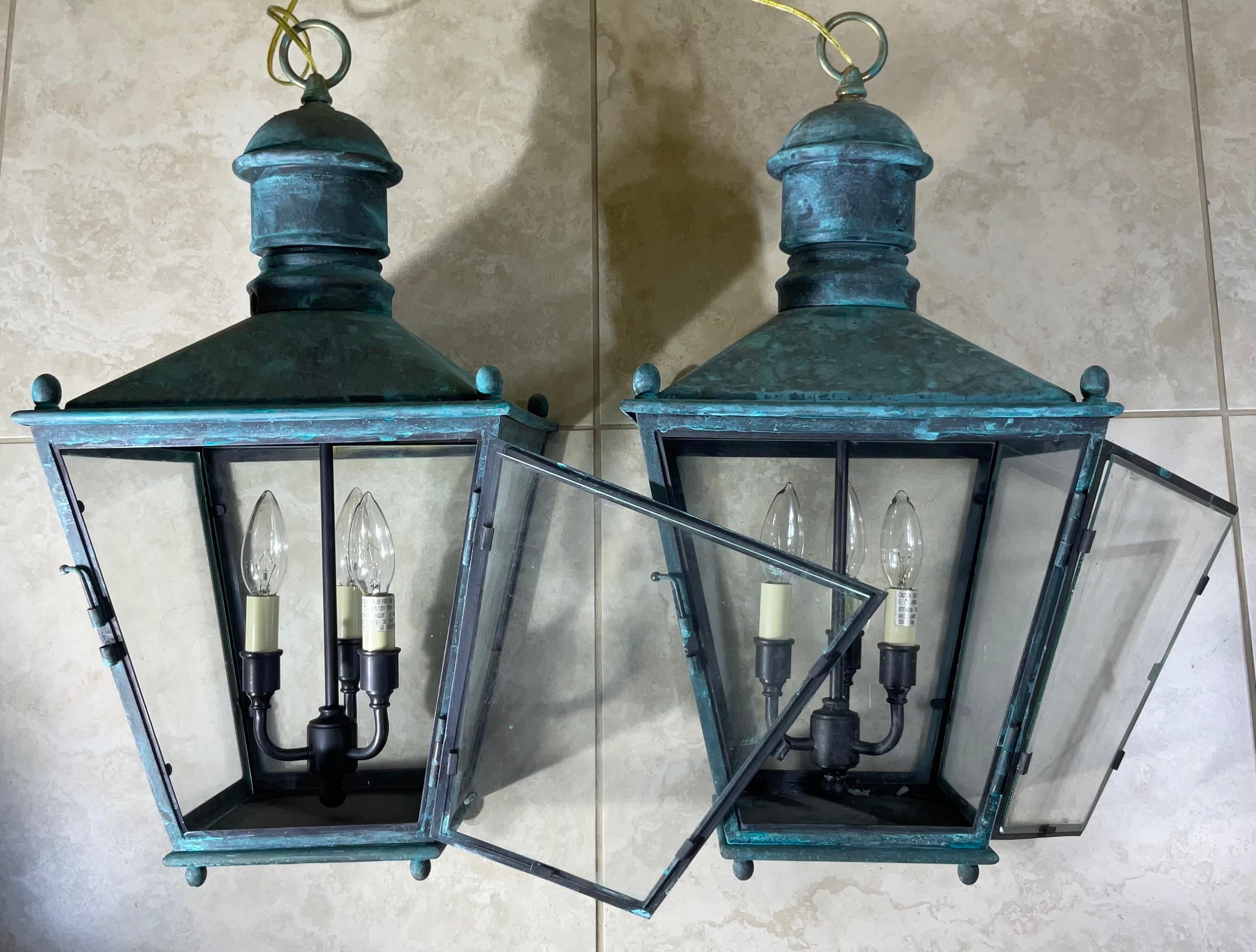 Glass Large Pair Of Vintage Brass  Hanging Lanterns - 12”x 12”x 24” For Sale