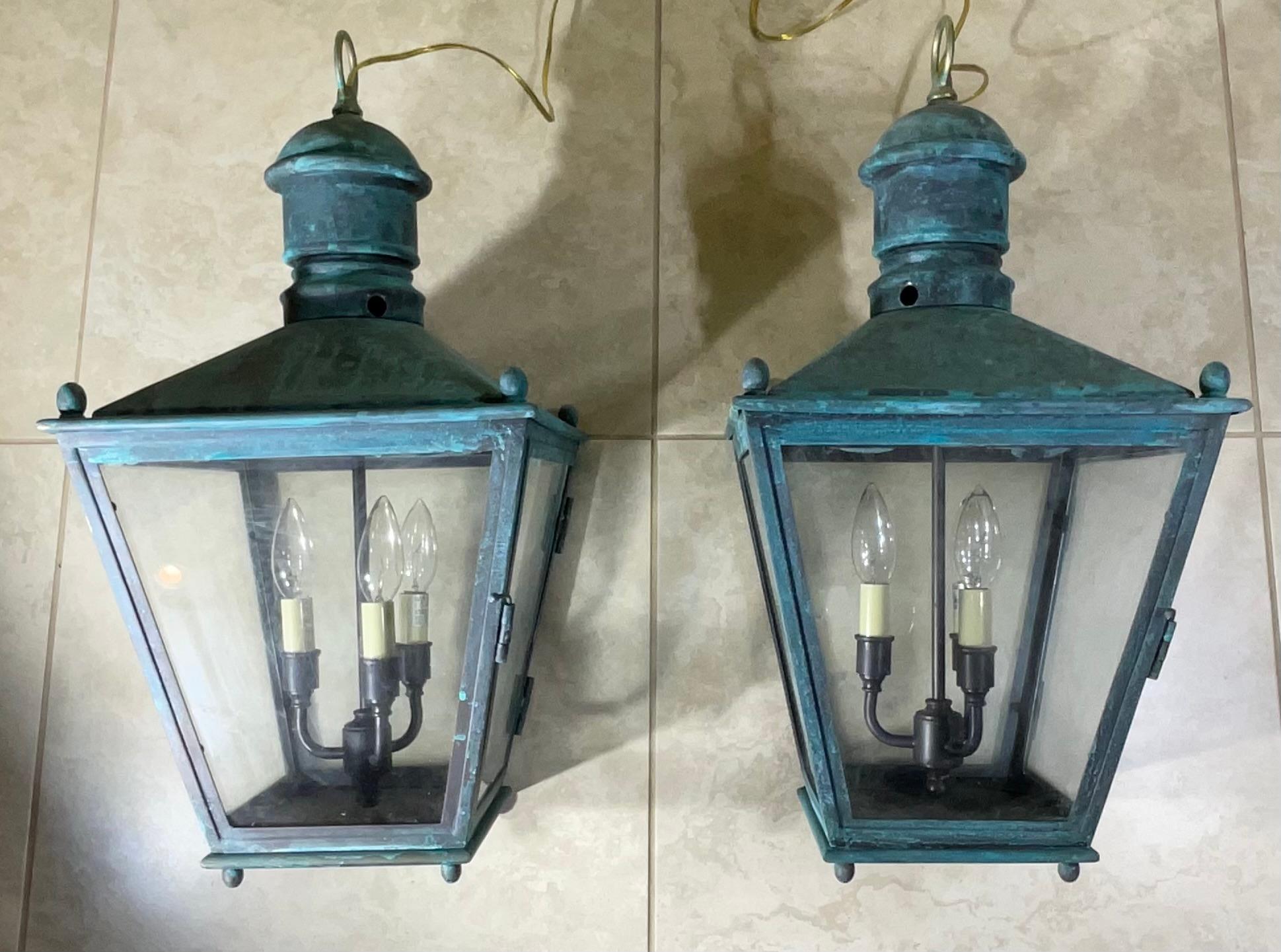 Large Pair Of Vintage Brass  Hanging Lanterns - 12”x 12”x 24” For Sale 1