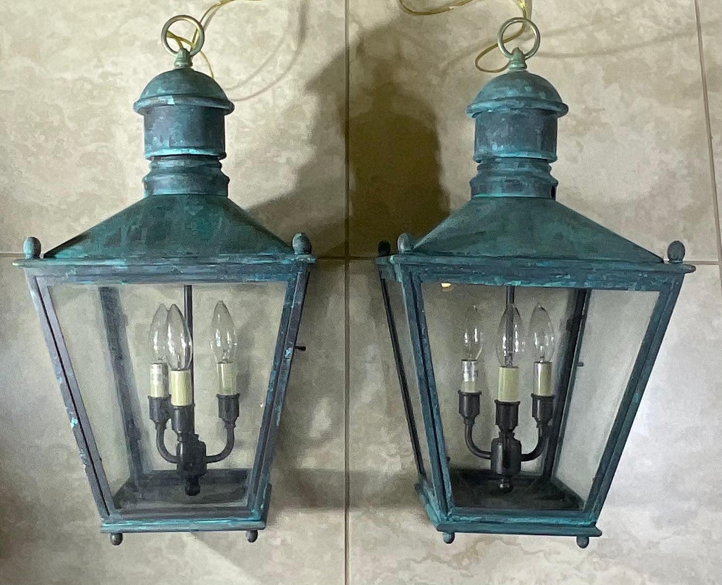 Large Pair Of Vintage Brass  Hanging Lanterns - 12”x 12”x 24” For Sale 2