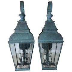 Large Pair Of Vintage Brass Wall  Hanging Lanterns   10”w x 12”.5 d x 29”.5 high