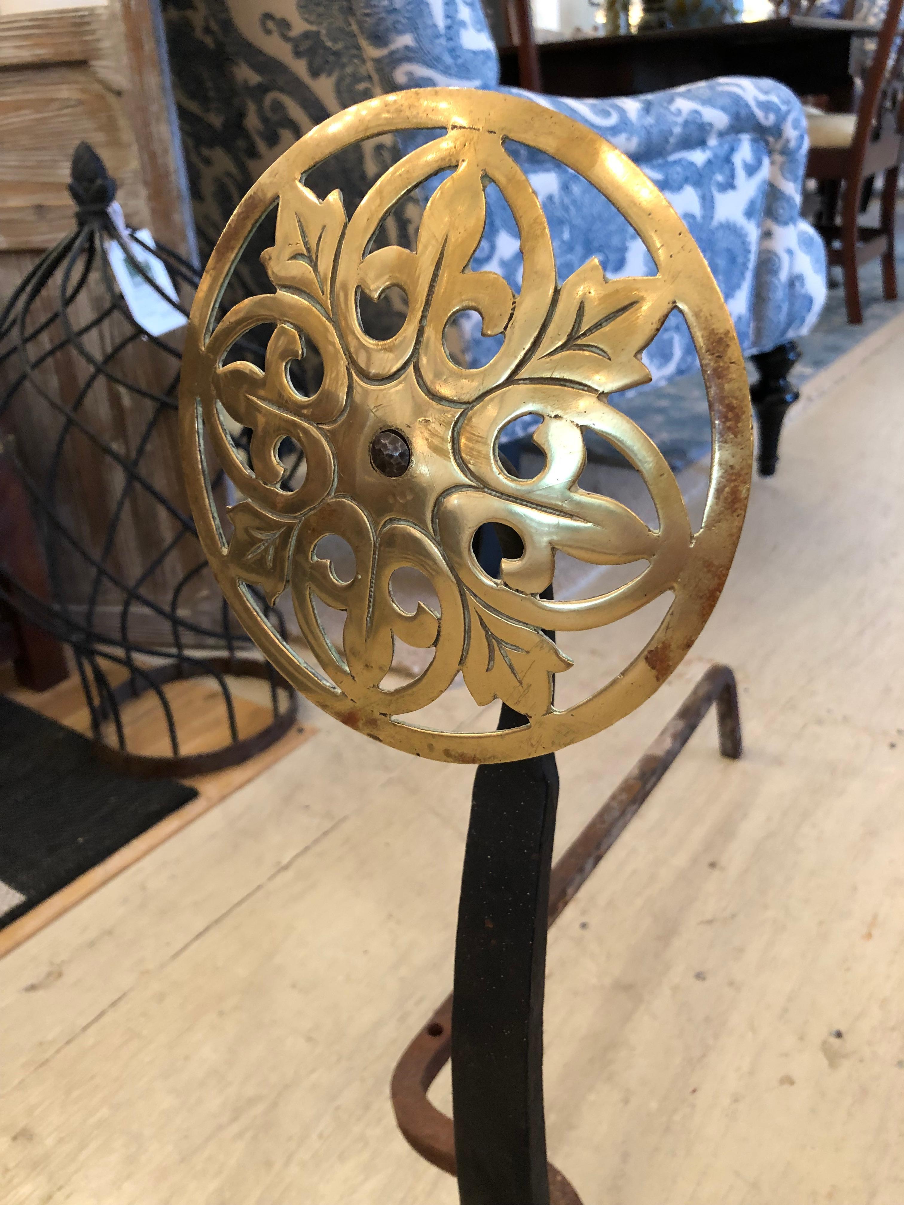 Large Pair of Vintage Cast Iron & Brass Sunburst Motif Andirons In Good Condition For Sale In Hopewell, NJ