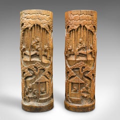 Large Pair of Vintage Dry Flower Vases, Chinese, Bamboo, Bitong, Brush Pot, 1930