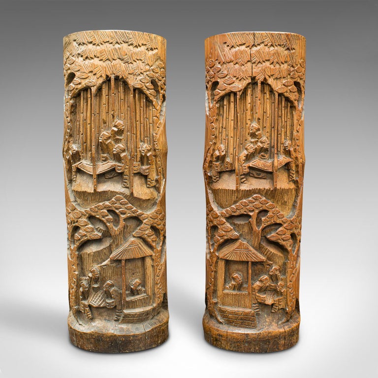 This is a large pair of vintage dry flower vases. A Chinese, hand-carved bamboo bitong or brush pot, dating to the early 20th century, circa 1930.

Skilfully carved bitong, or decorative brush pots - ideal for dry flower arrangements.
Displaying