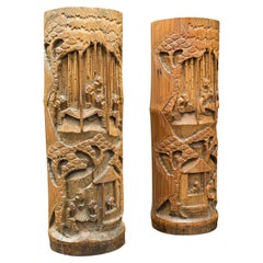 Large Pair of Vintage Dry Flower Vases, Chinese, Bamboo, Bitong, Brush Pot, 1930
