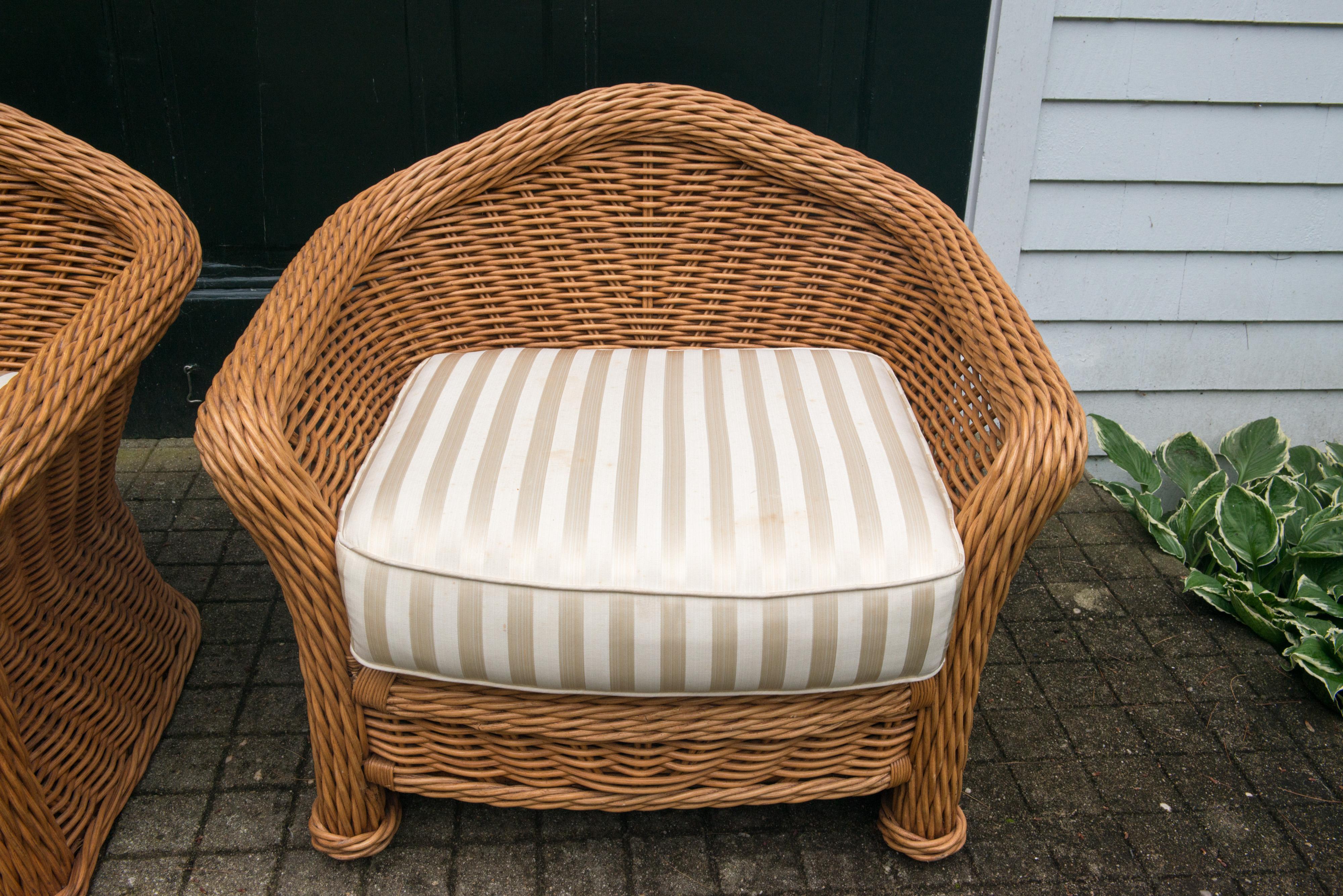 Large and comfortable pair of 1980s vintage Ficks Reed rattan / reed or wicker arm chairs. Stunning looking from every angle. Substantial and well made. 
  