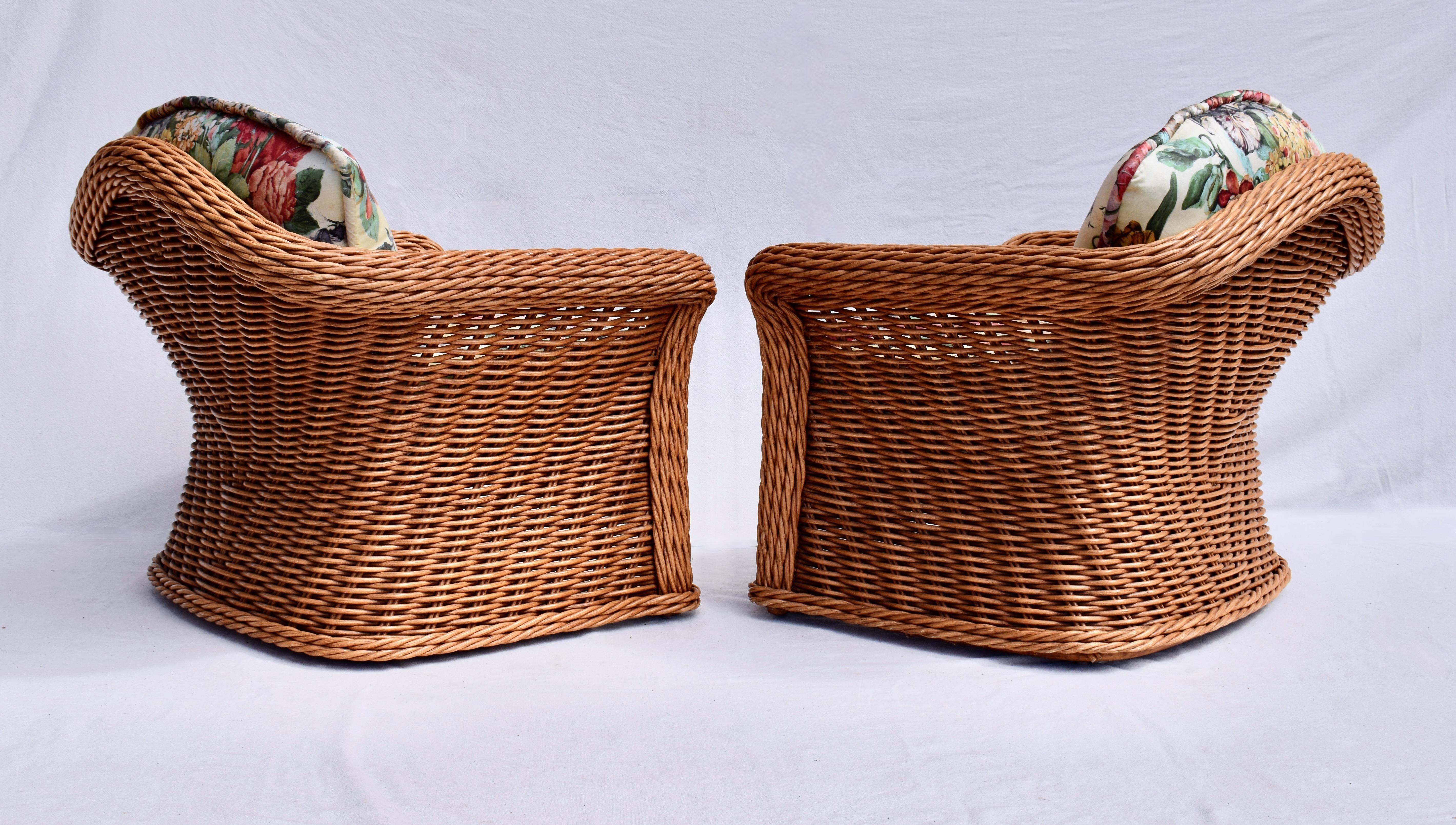 Large Pair of Vintage Ficks Reed Rattan Arm Chairs Ottoman Set 3