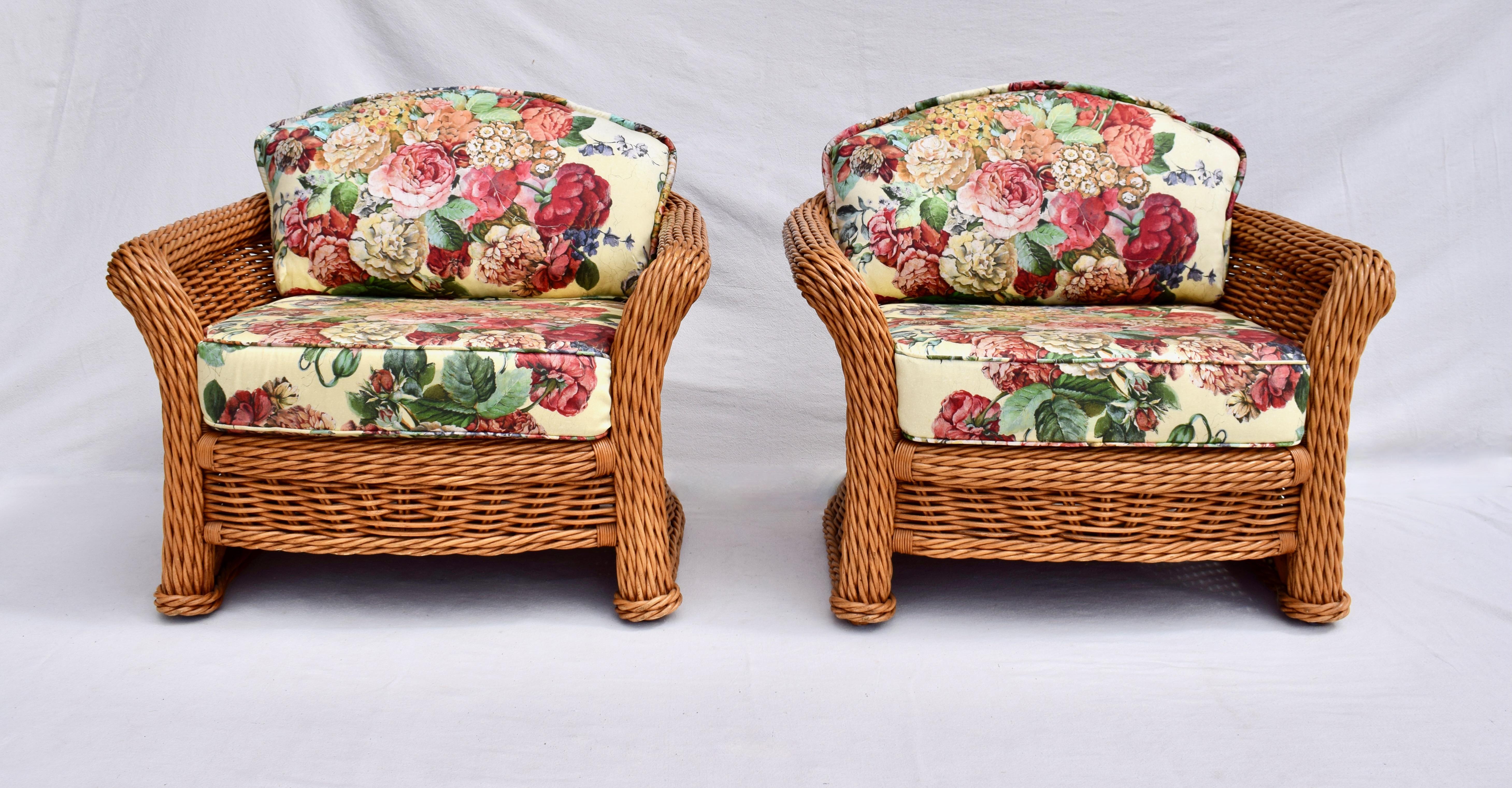 Mid-Century Modern Large Pair of Vintage Ficks Reed Rattan Arm Chairs Ottoman Set