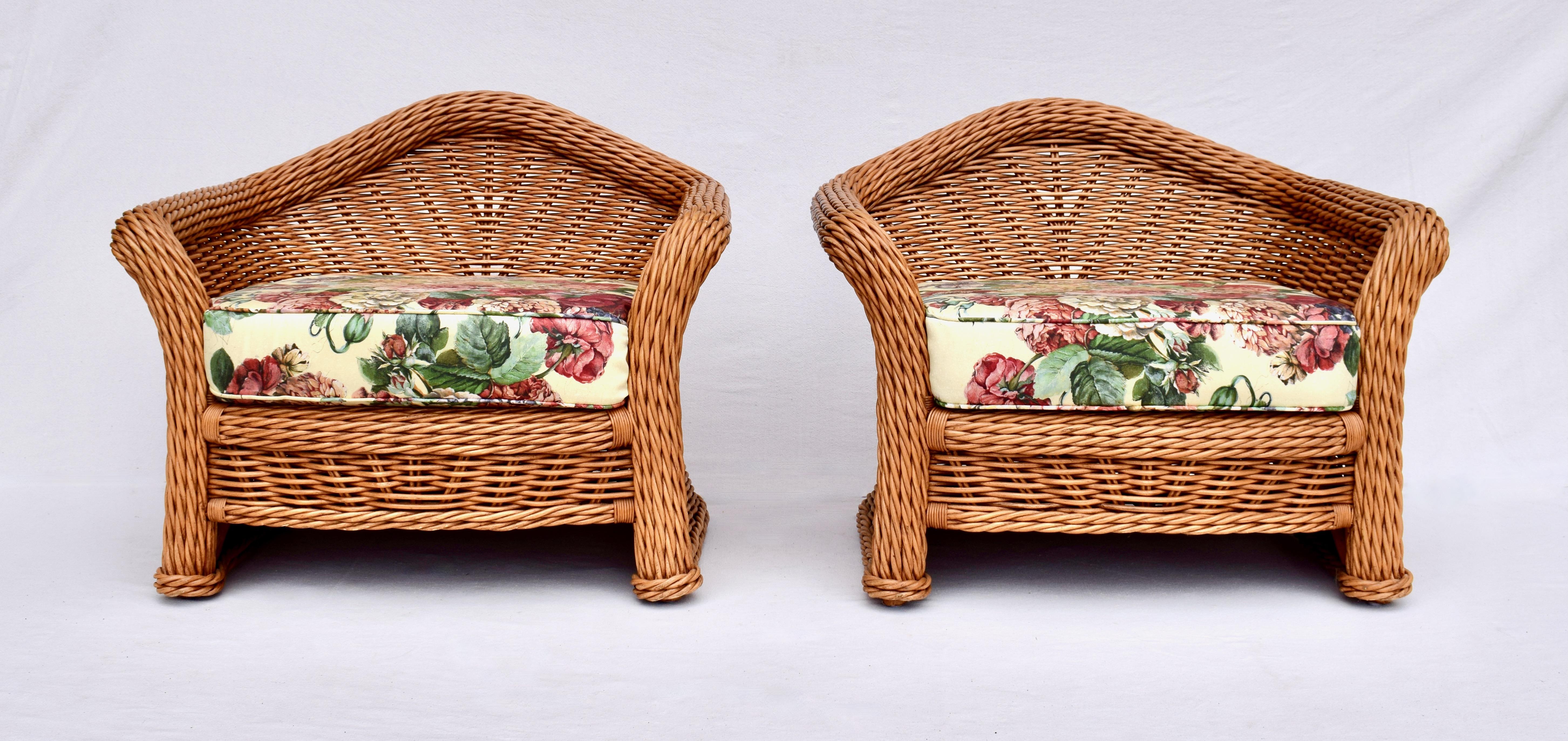 American Large Pair of Vintage Ficks Reed Rattan Arm Chairs Ottoman Set