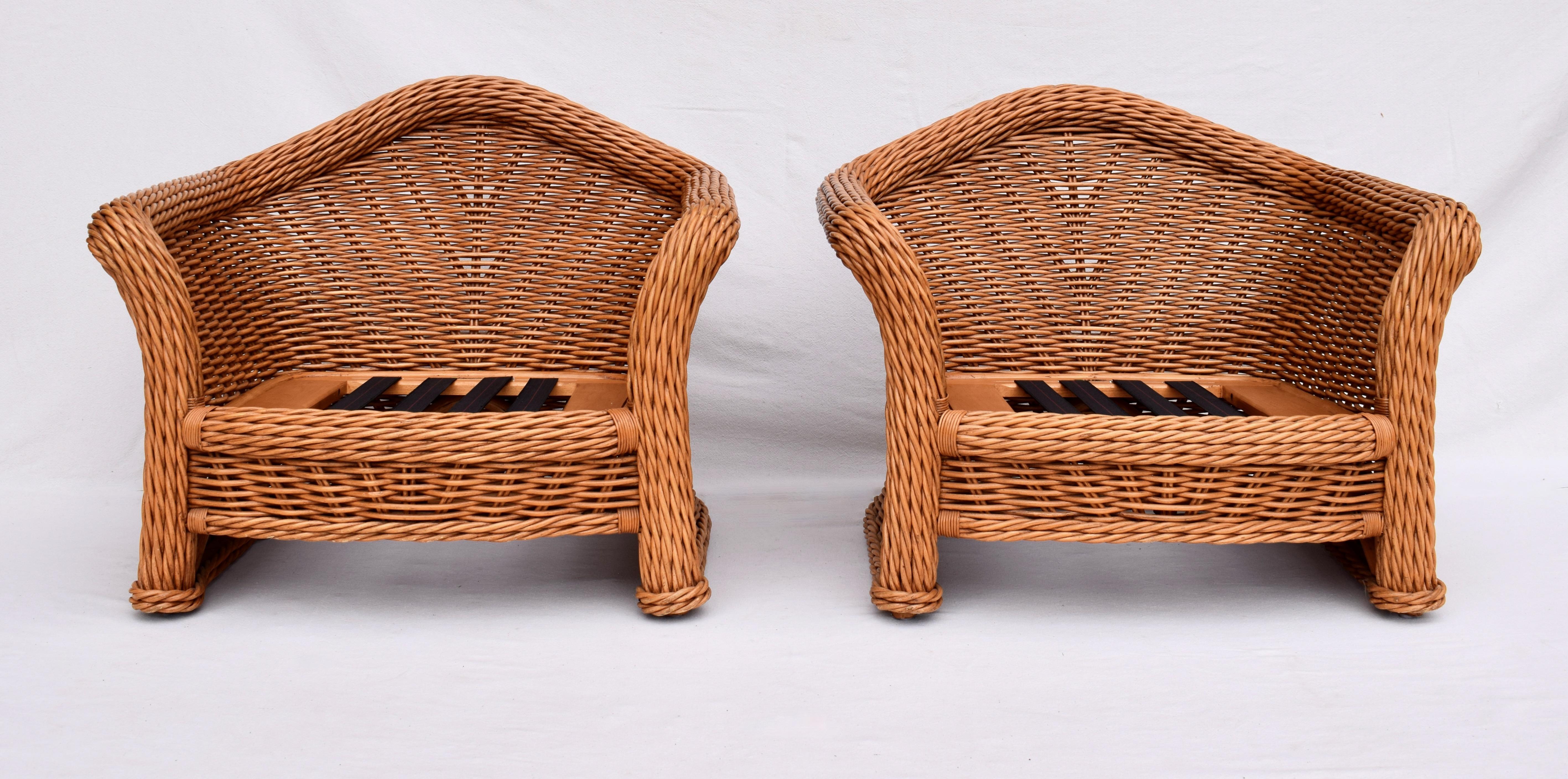 Large Pair of Vintage Ficks Reed Rattan Arm Chairs Ottoman Set In Good Condition In Southampton, NJ