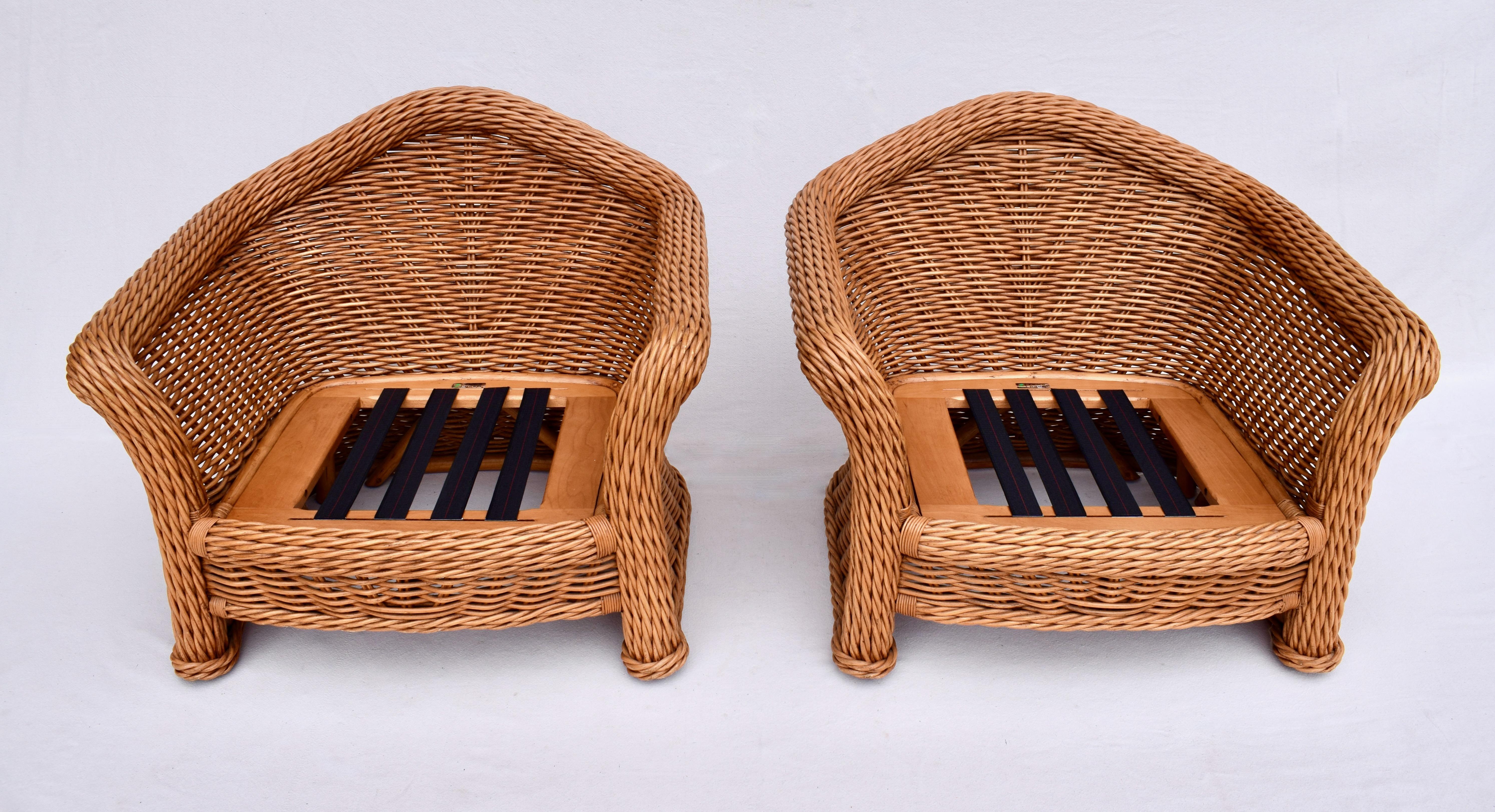 20th Century Large Pair of Vintage Ficks Reed Rattan Arm Chairs Ottoman Set