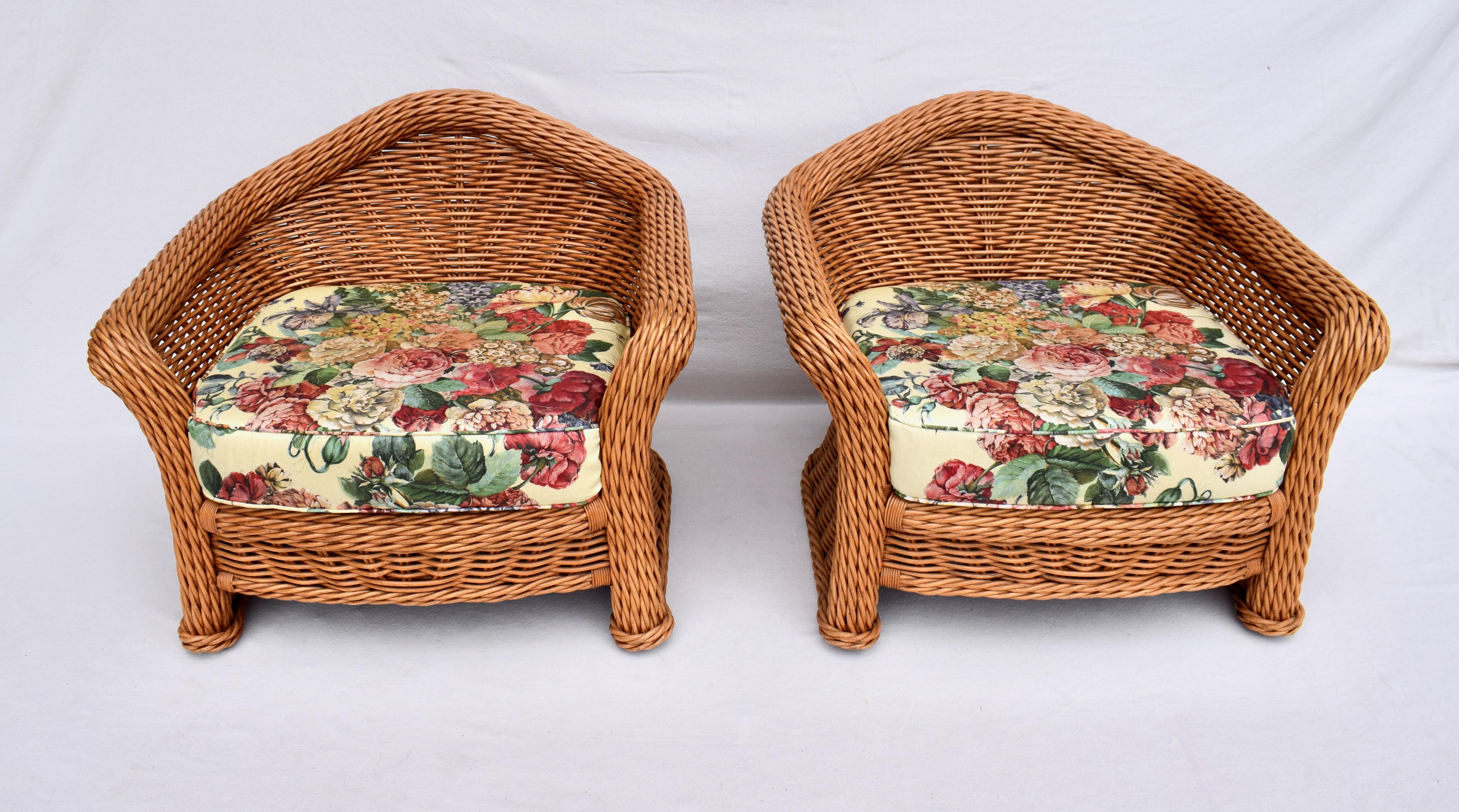 Upholstery Large Pair of Vintage Ficks Reed Rattan Arm Chairs Ottoman Set