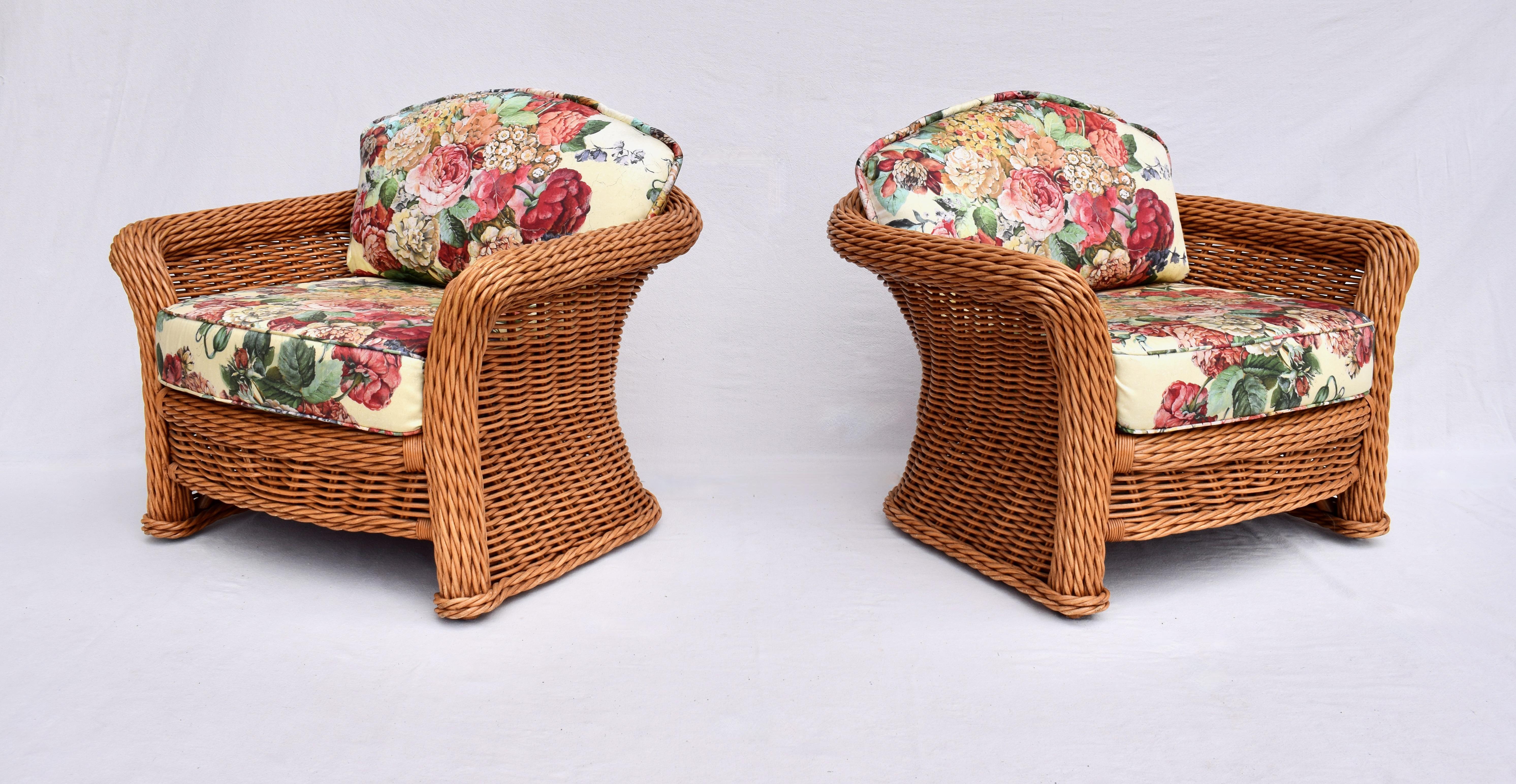 Large Pair of Vintage Ficks Reed Rattan Arm Chairs Ottoman Set 1