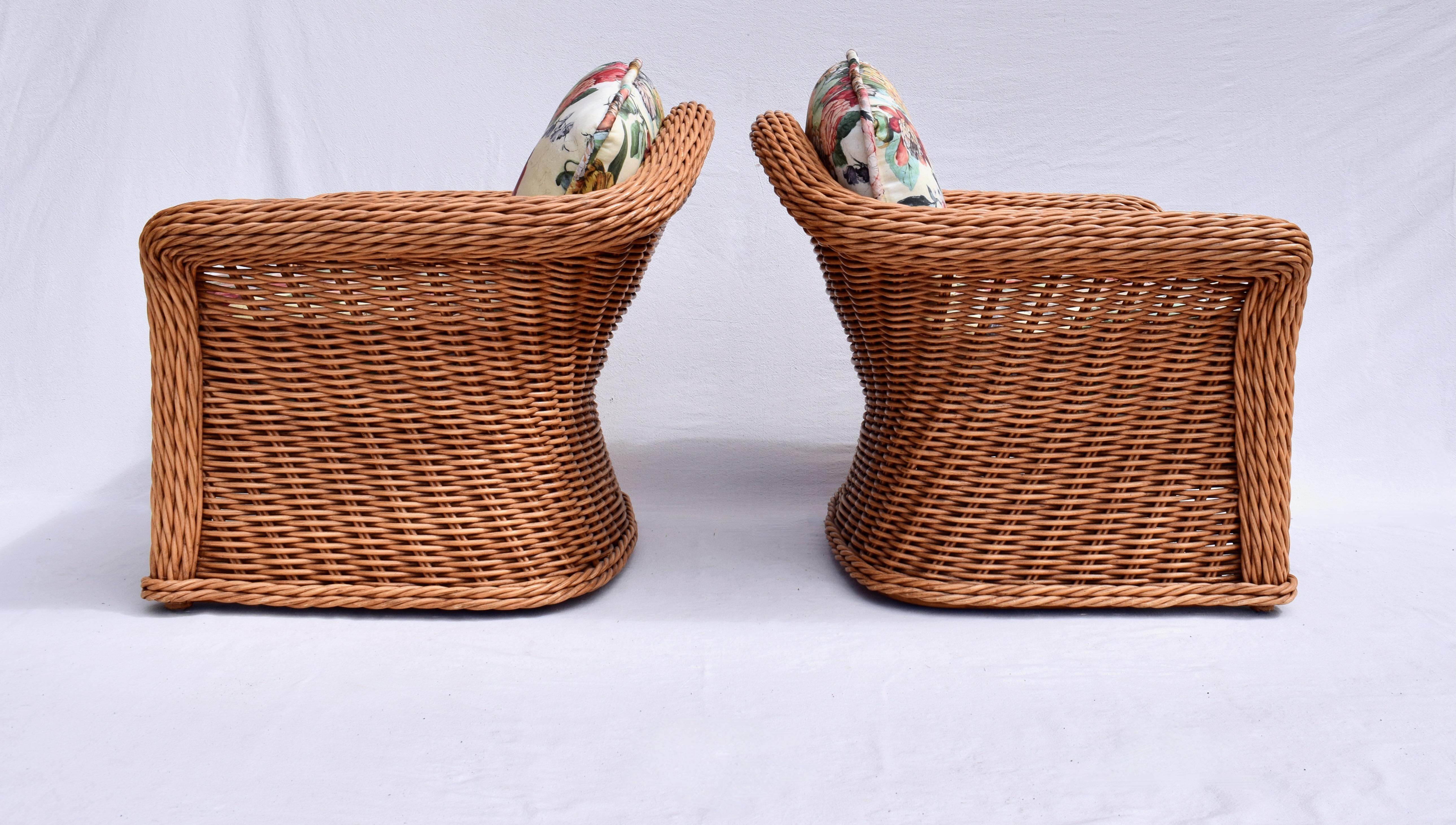 Large Pair of Vintage Ficks Reed Rattan Arm Chairs Ottoman Set 2