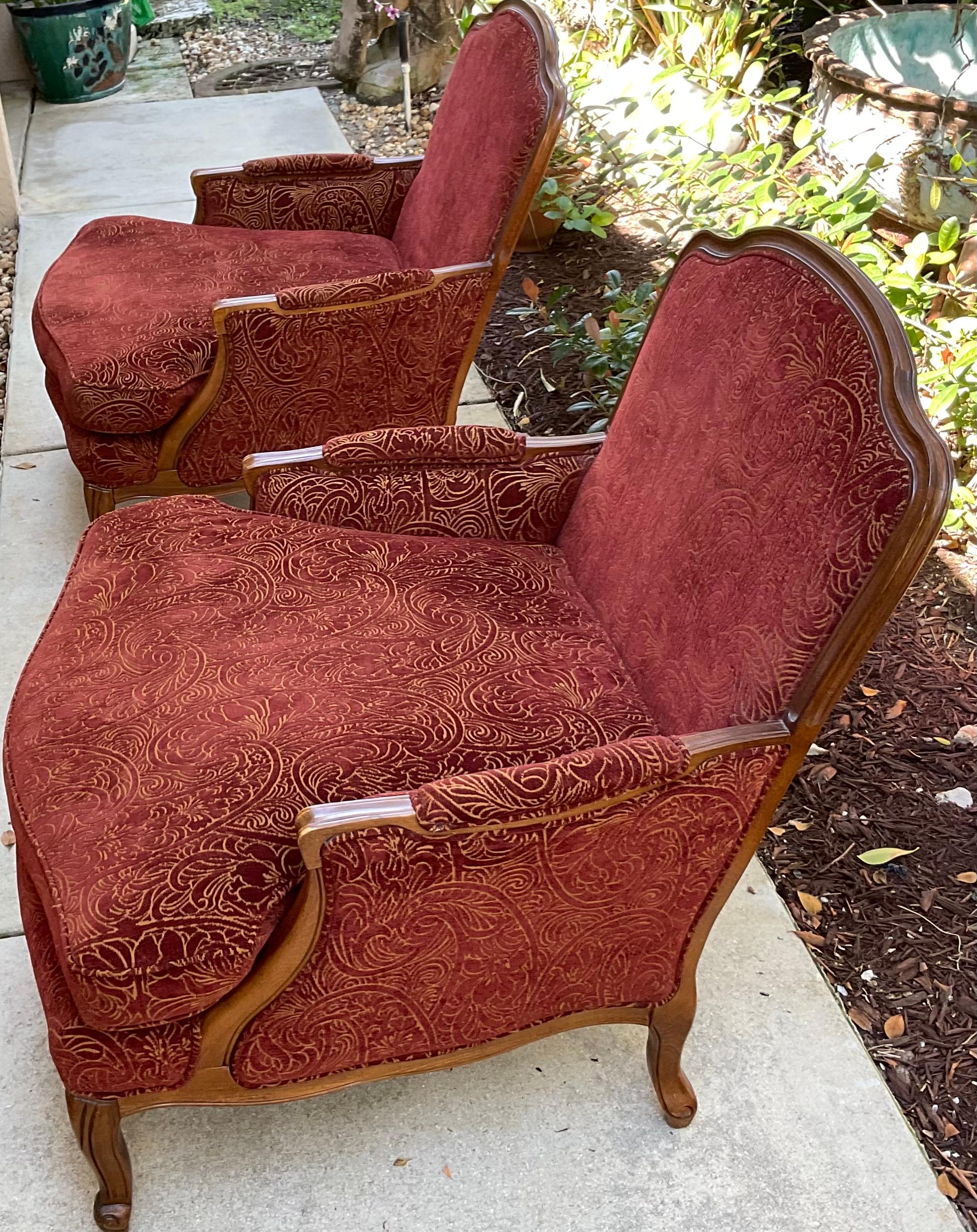Textile Large Pair of Vintage Hand Carved Wood French Style Armchairs For Sale