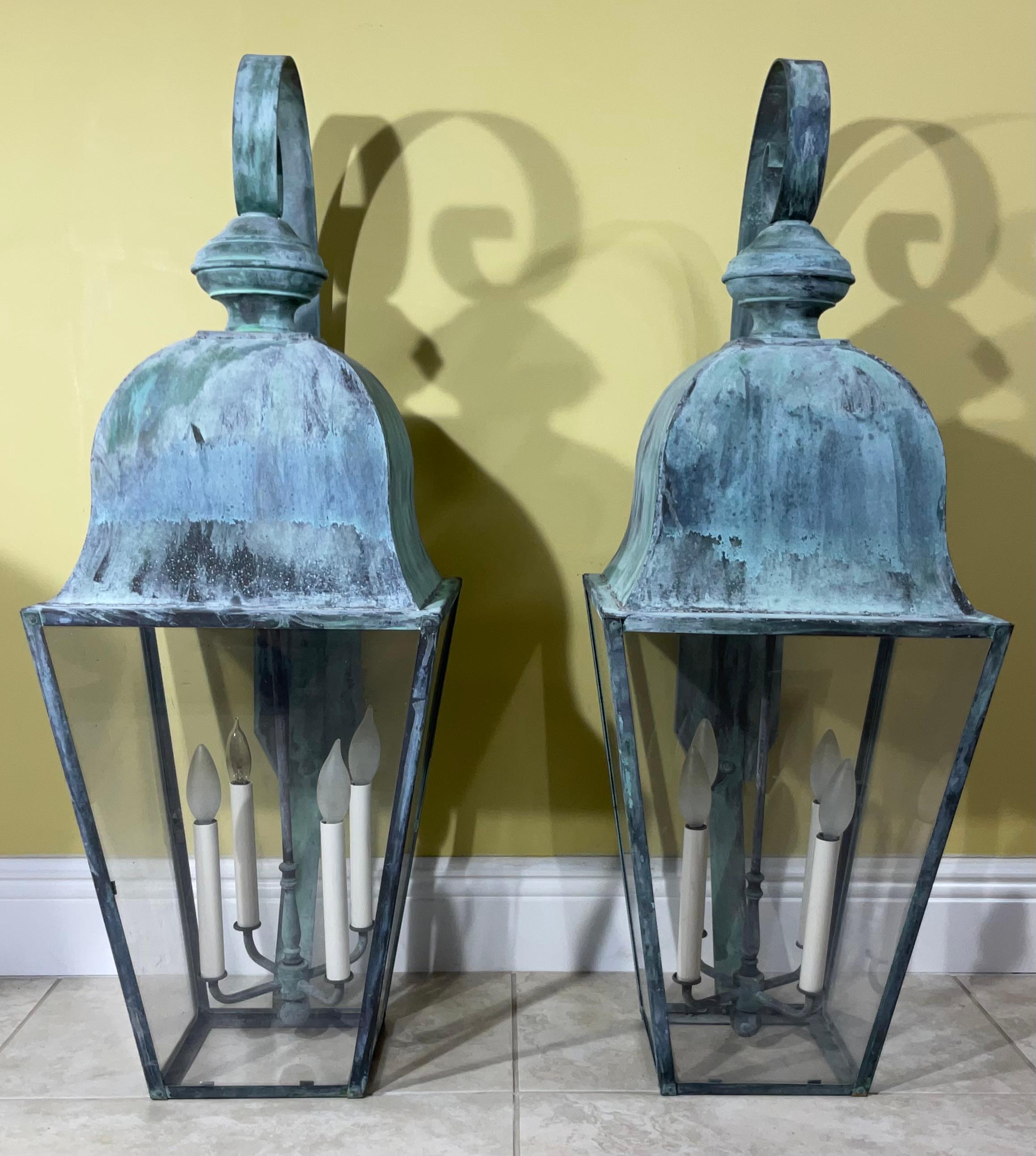 Hand-Crafted Large Pair of Vintage Handcrafted Wall-Mounted Solid Brass Lantern