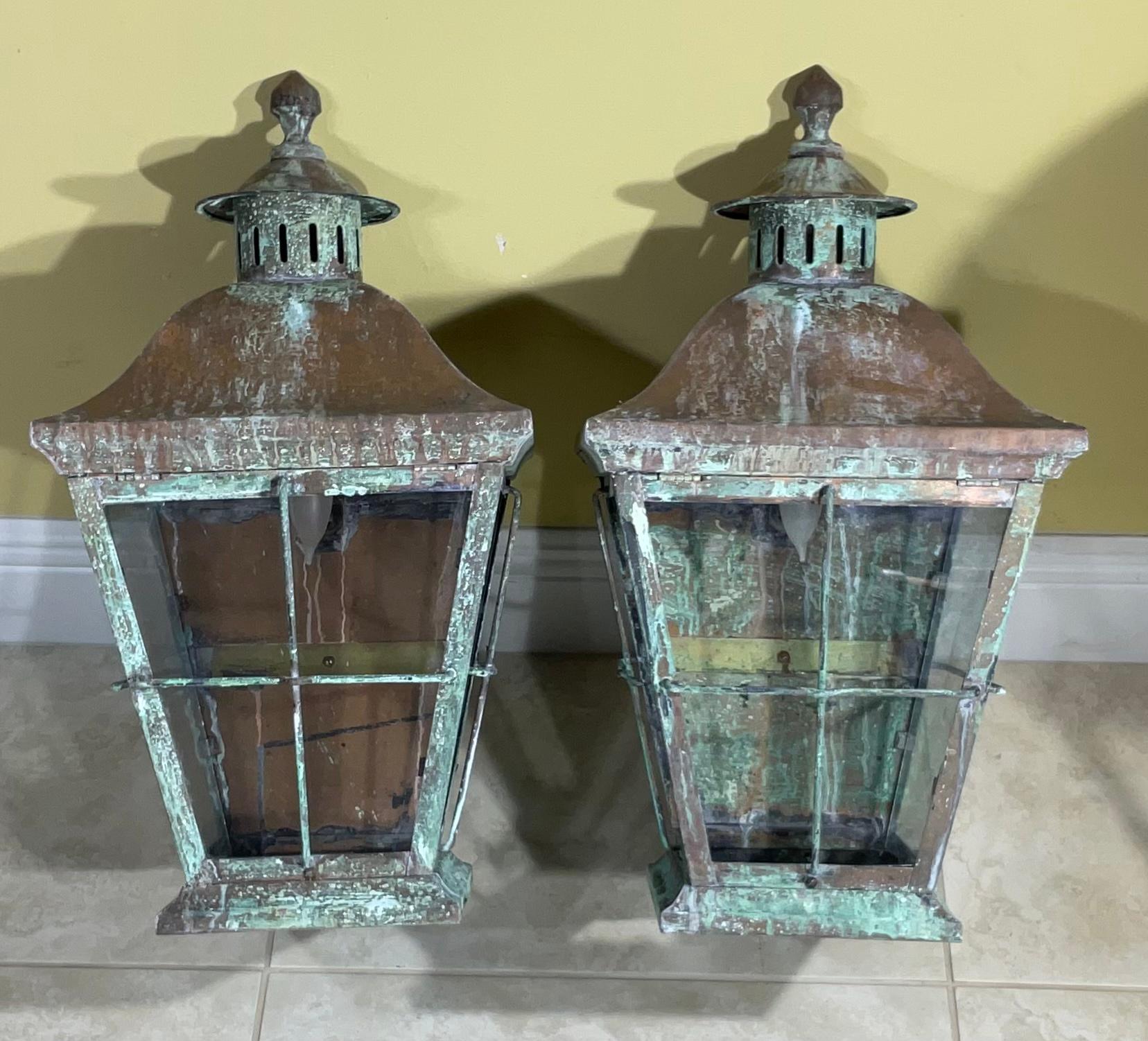 Large Pair of Vintage Handcrafted Wall-Mounted Solid Copper and  Brass Lantern 5