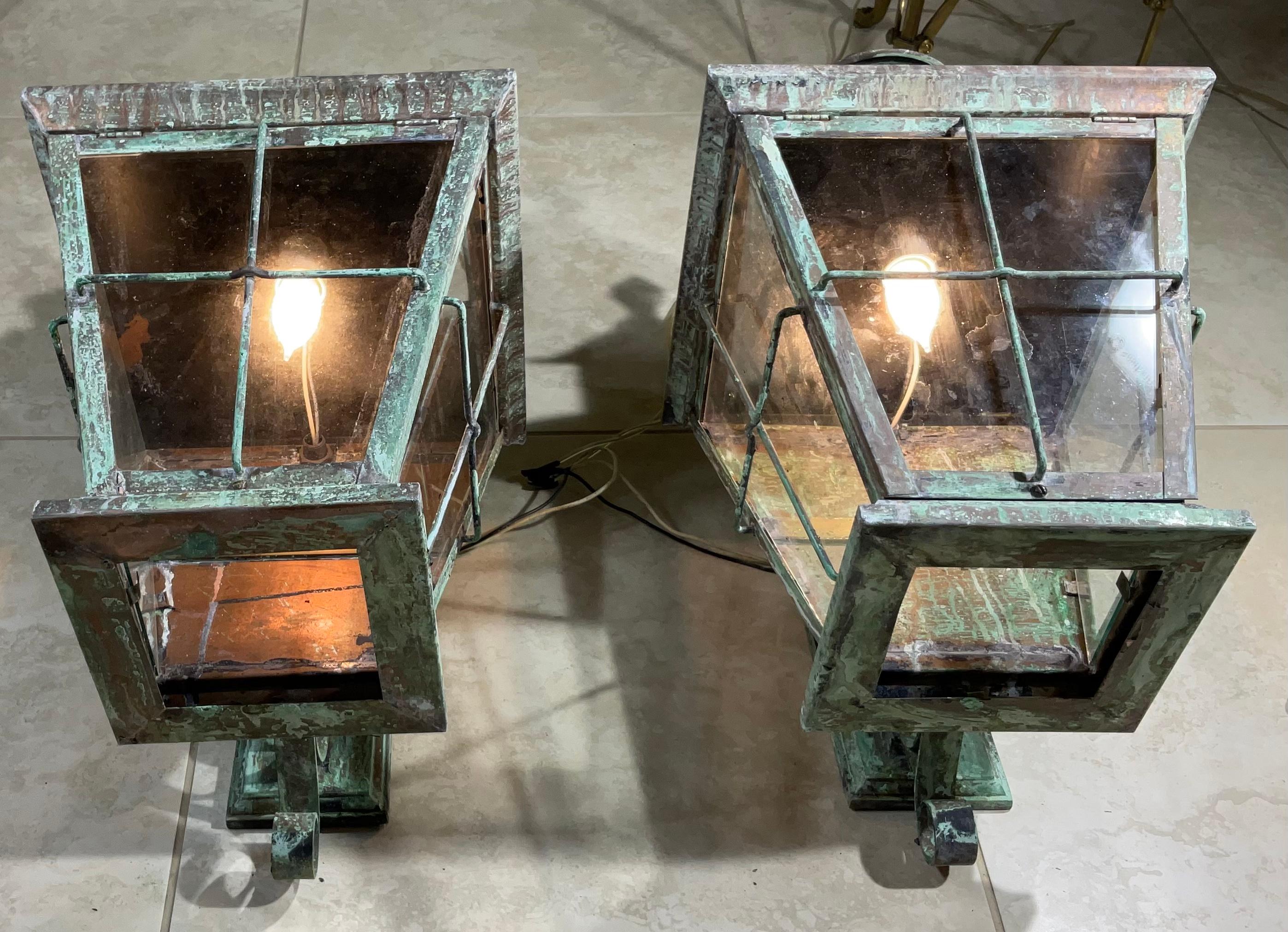 American Large Pair of Vintage Handcrafted Wall-Mounted Solid Copper and  Brass Lantern
