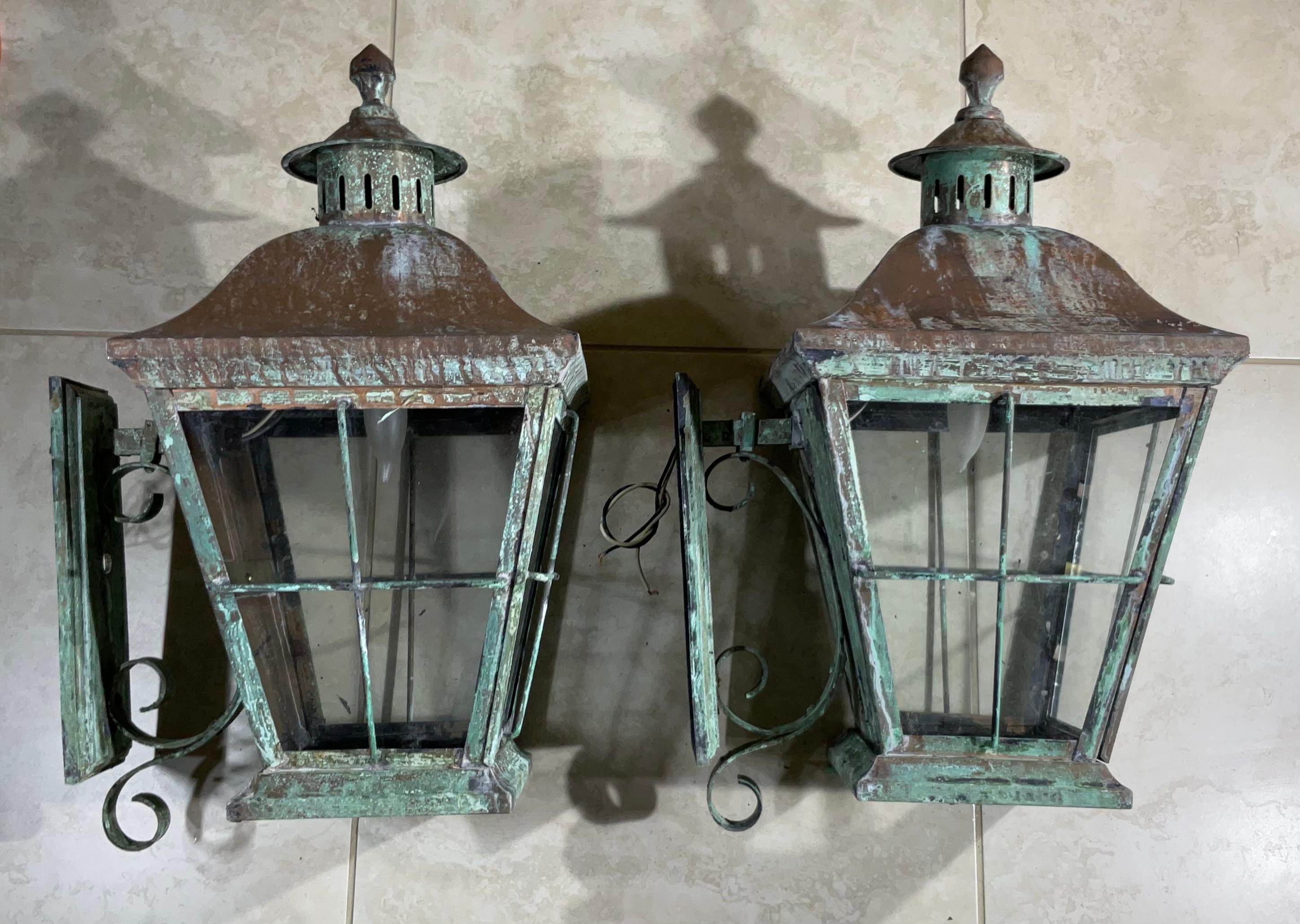 Large Pair of Vintage Handcrafted Wall-Mounted Solid Copper and  Brass Lantern 2