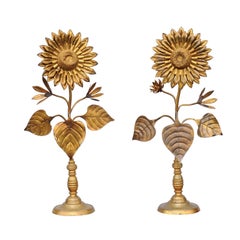 Large Pair of Vintage Midcentury Brass Sunflower Decorative Object on Bases