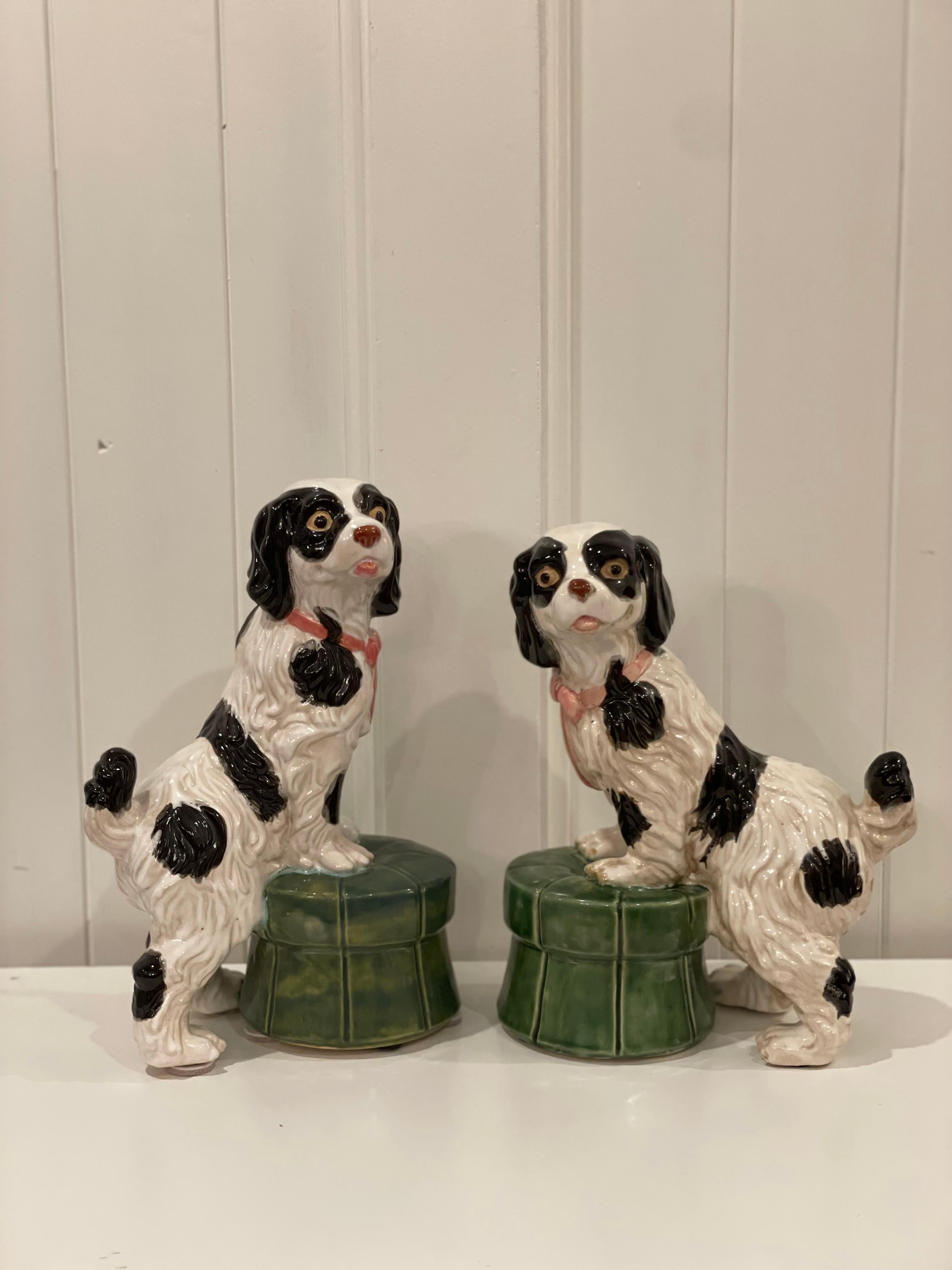Large Pair of Vintage Staffordshire Style Spaniel Dogs on Tufted Ottomans 4