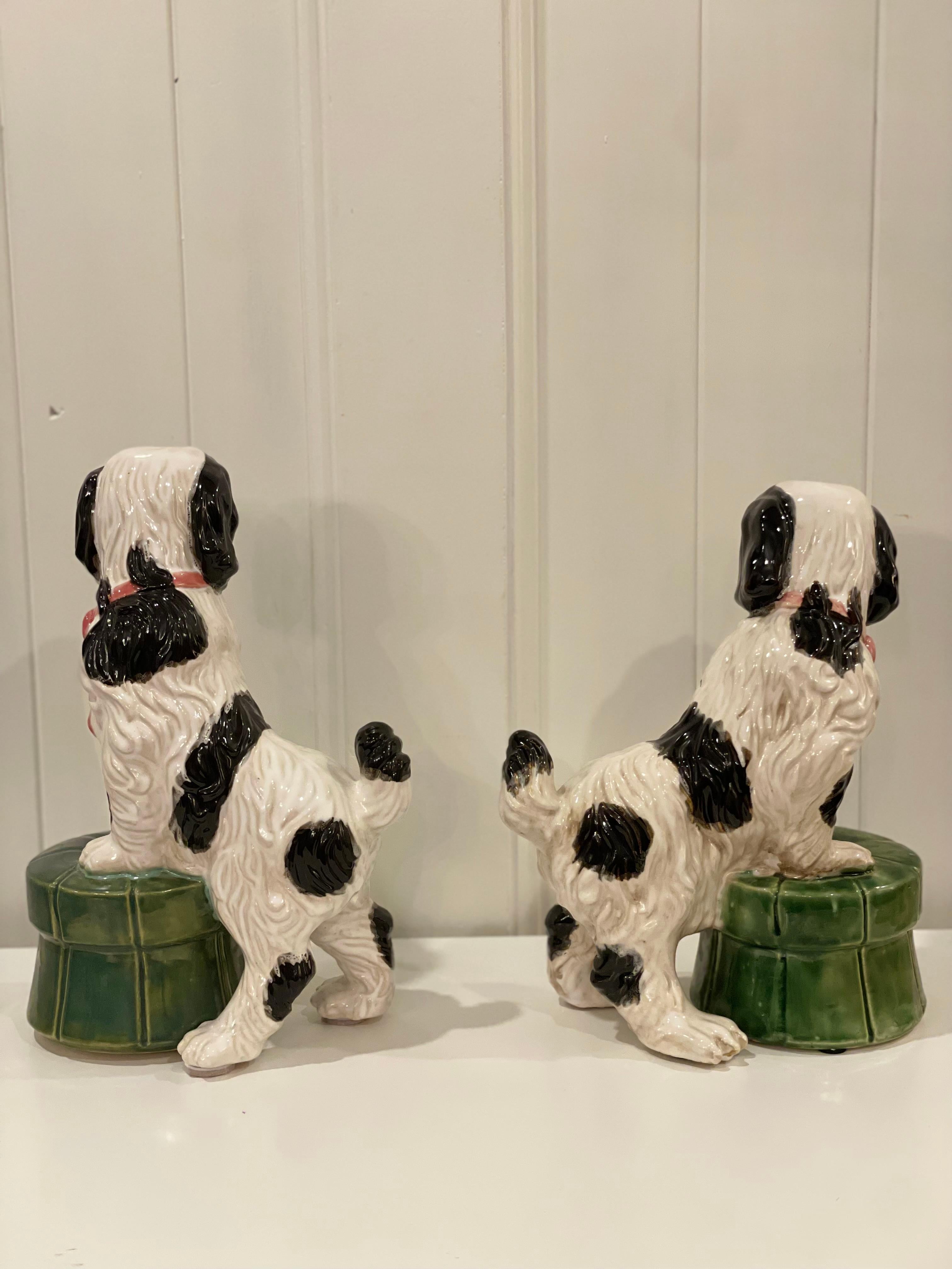 Large Pair of Vintage Staffordshire Style Spaniel Dogs on Tufted Ottomans 5