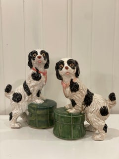 Large Pair of Vintage Staffordshire Style Spaniel Dogs on Tufted Ottomans