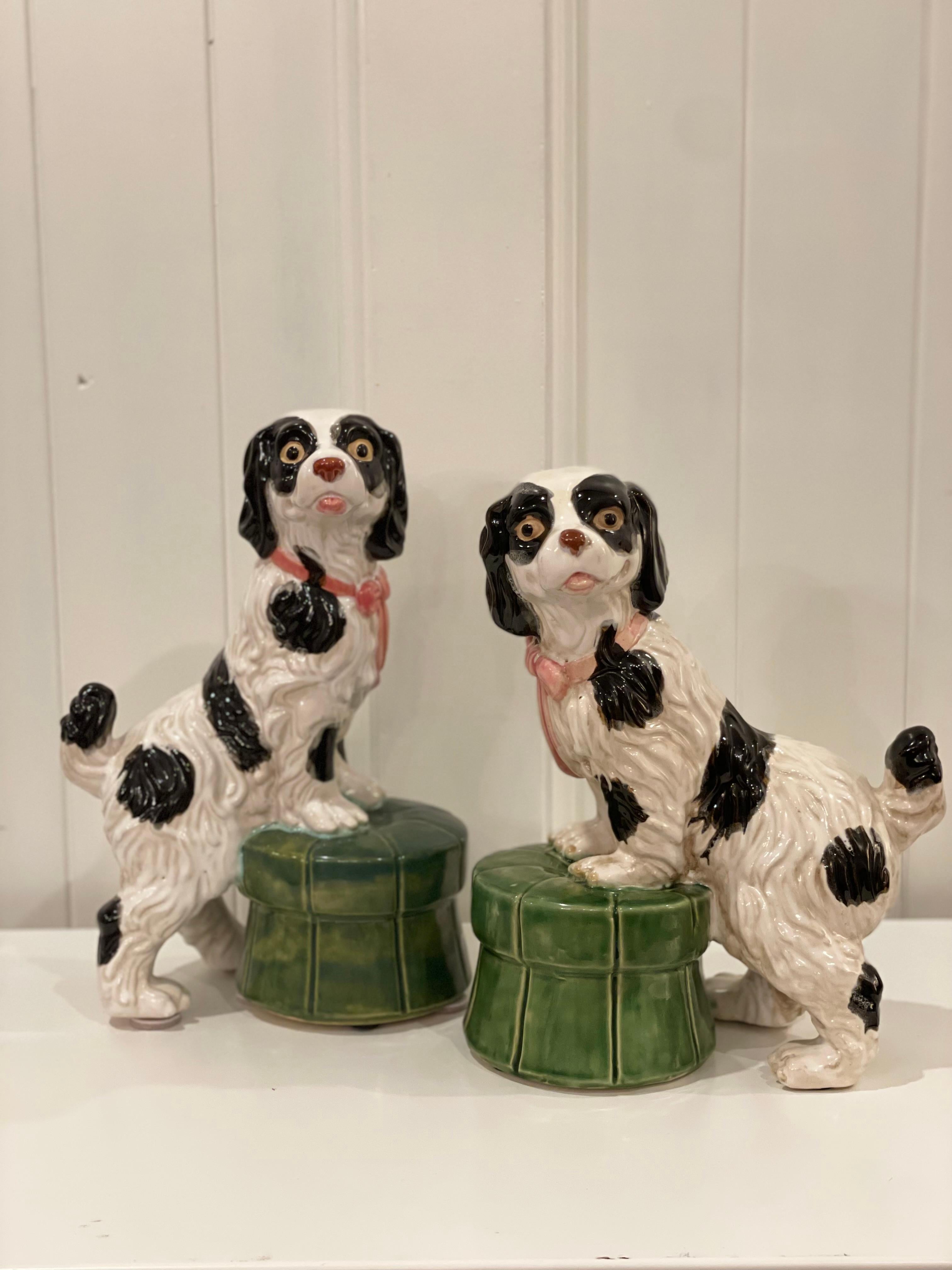 Chinoiserie Large Pair of Vintage Staffordshire Style Spaniel Dogs on Tufted Ottomans