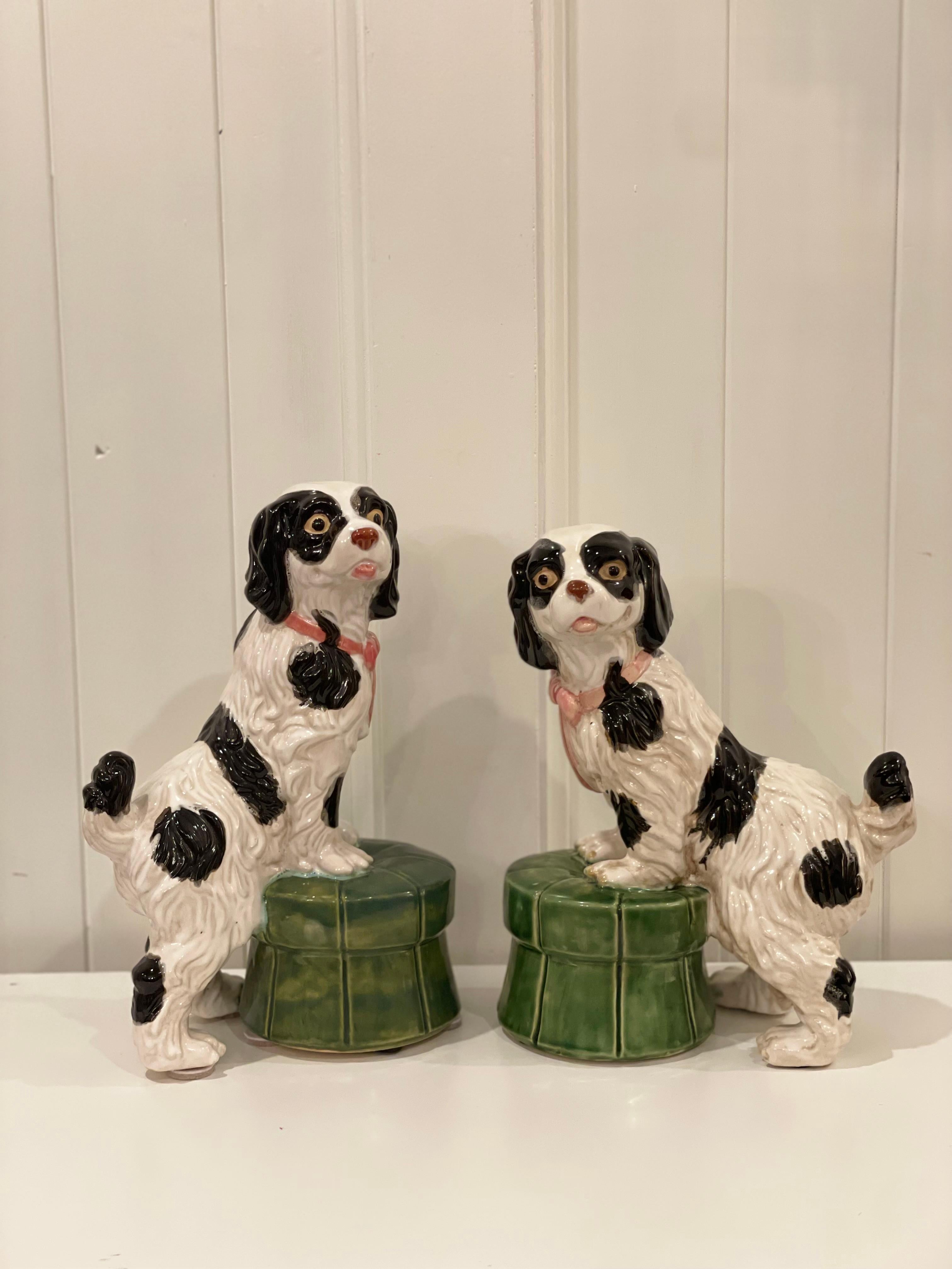 Large Pair of Vintage Staffordshire Style Spaniel Dogs on Tufted Ottomans 3