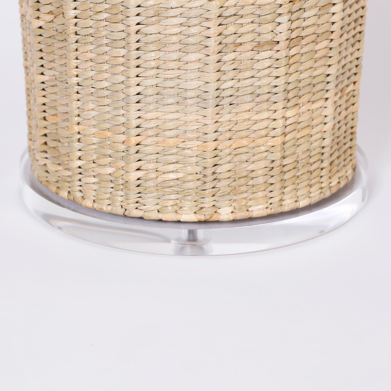 Mid-Century Modern Large Pair of Wicker Table Lamps