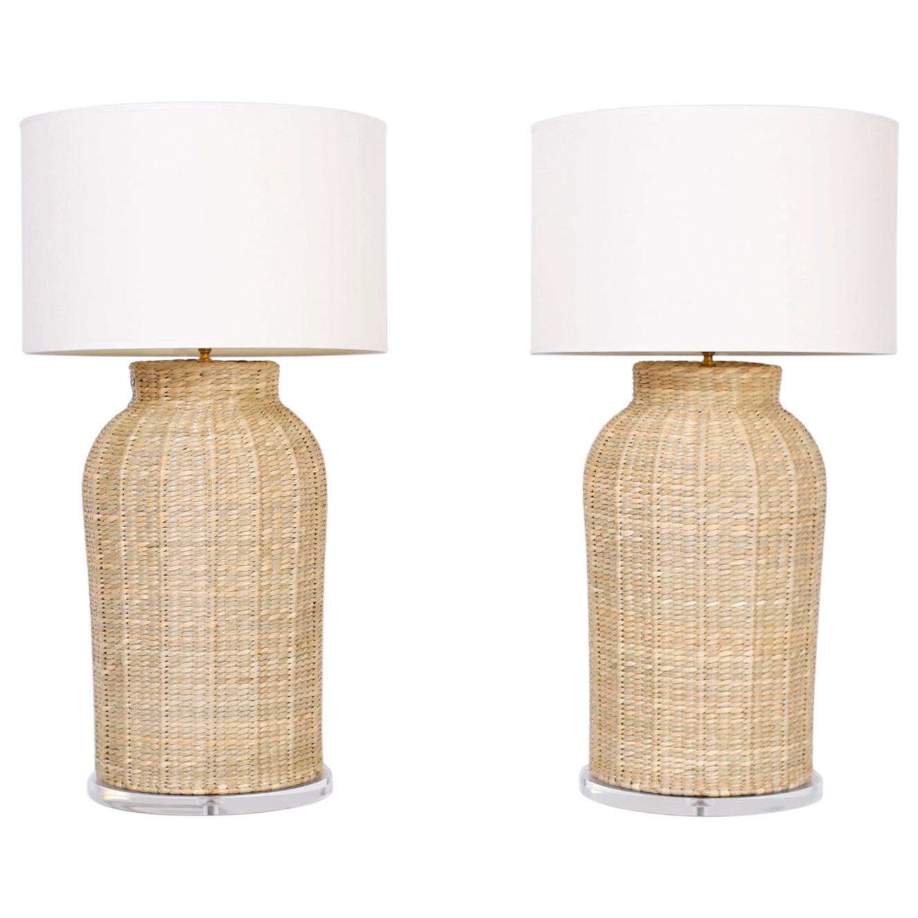 Large Pair of Wicker Table Lamps