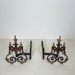 Large Pair of Wrought Iron and Copper Andirons