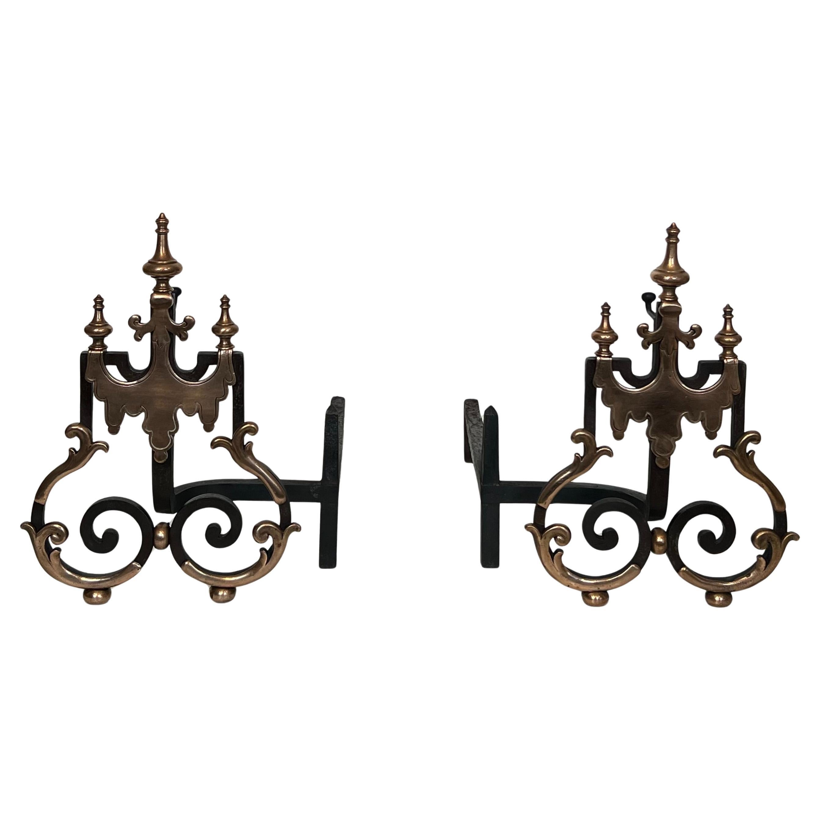 Large Pair of Wrought Iron and Copper Andirons in vendita