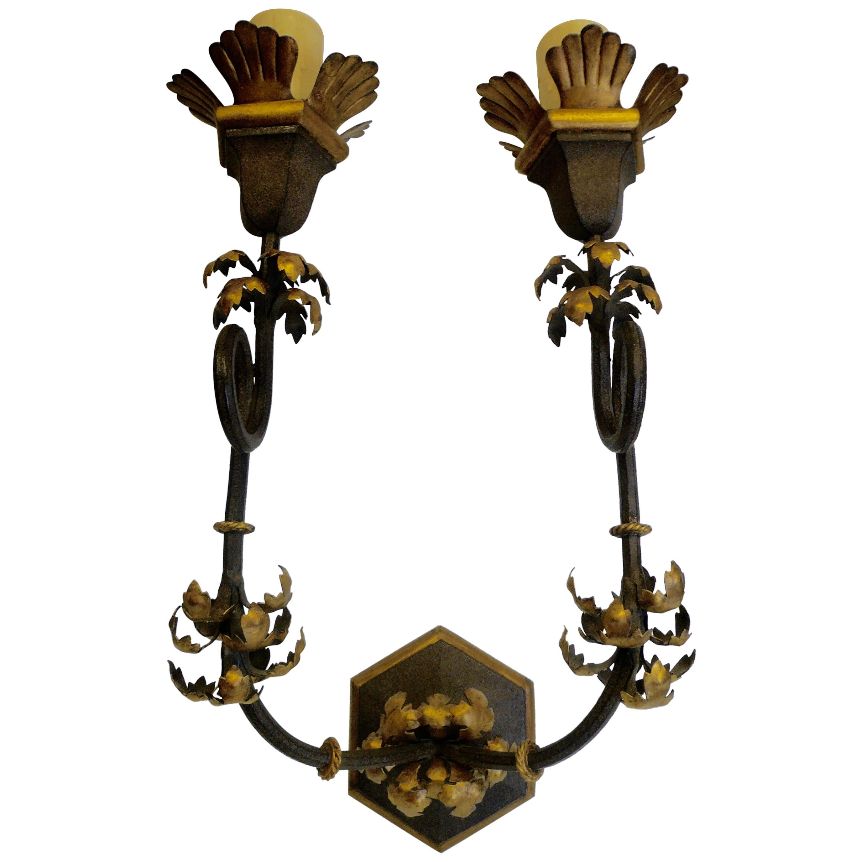 Large Pair of Wrought Iron Sconces with Gilt Highlights by Gregorius Pineo