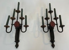 Large pair of wrought iron wall lights with 5 Arms comprising coat of arms