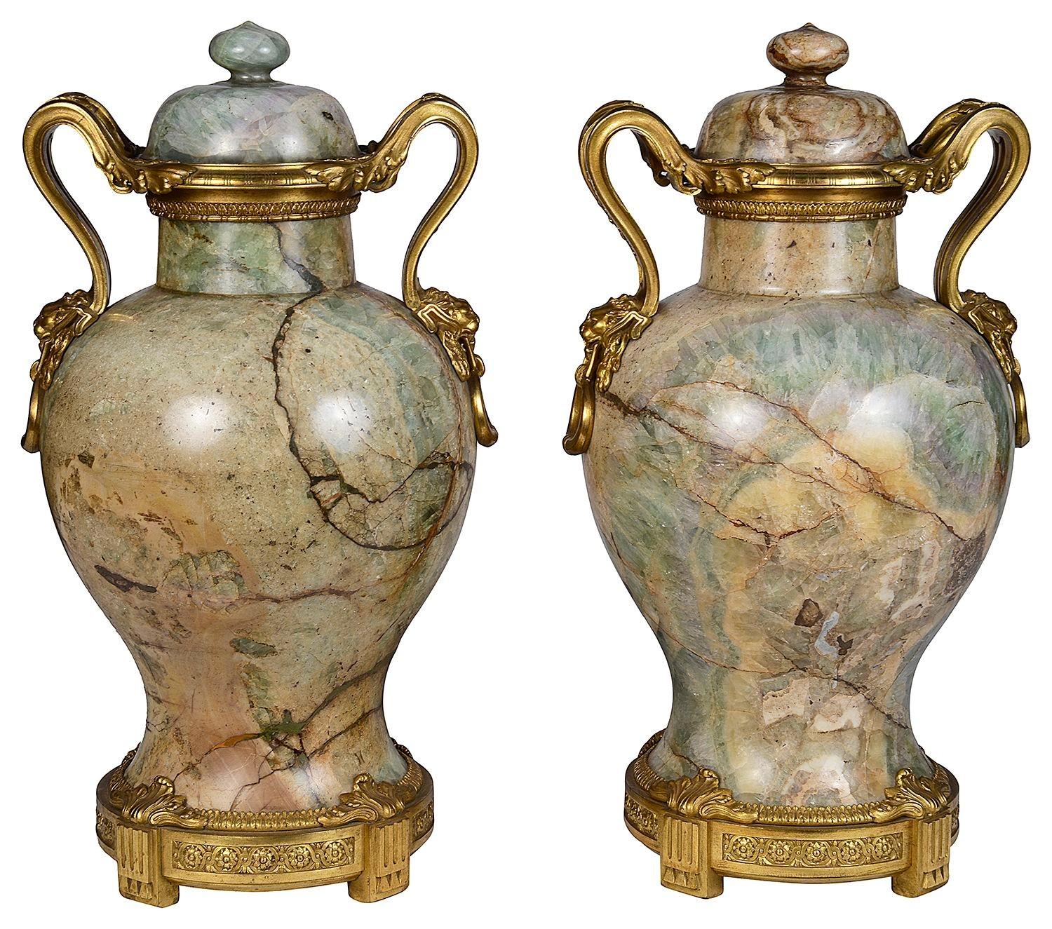 Hand-Carved Large pair ormolu mounted Florite marble vases, circa 1800 For Sale