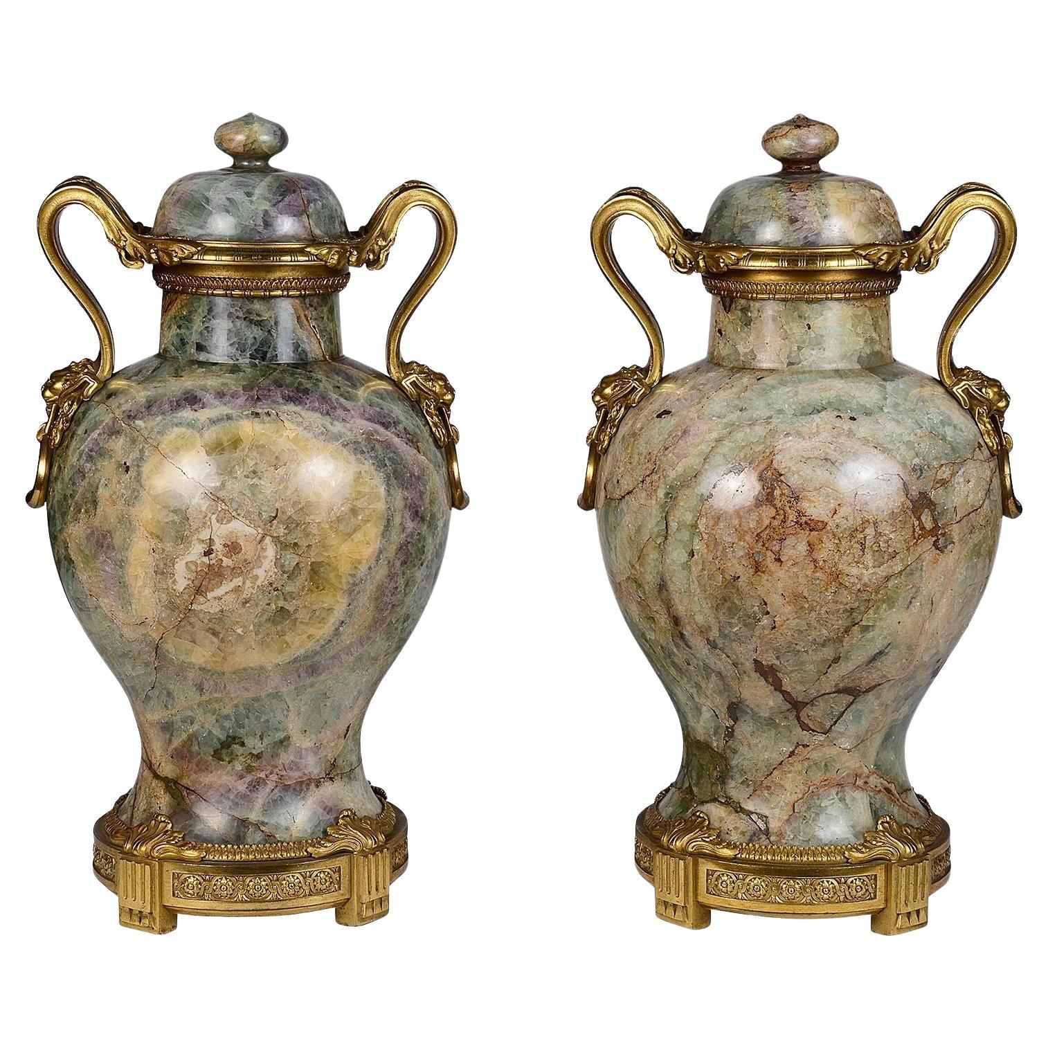 Large pair ormolu mounted Florite marble vases, circa 1800 For Sale