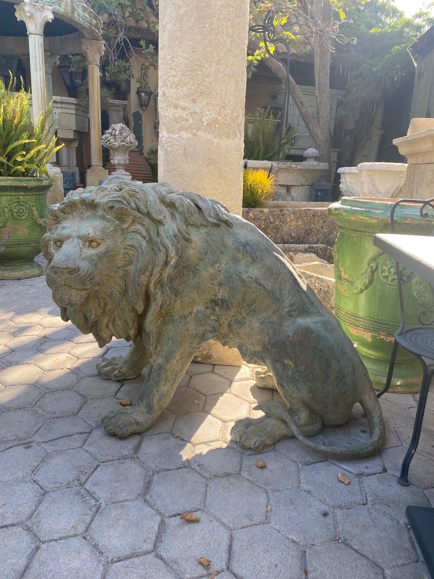 Großes Paar patiniert Leben Größe Bronzestatuen Skulptur von Regal Großkatzen Löwen im Angebot 4